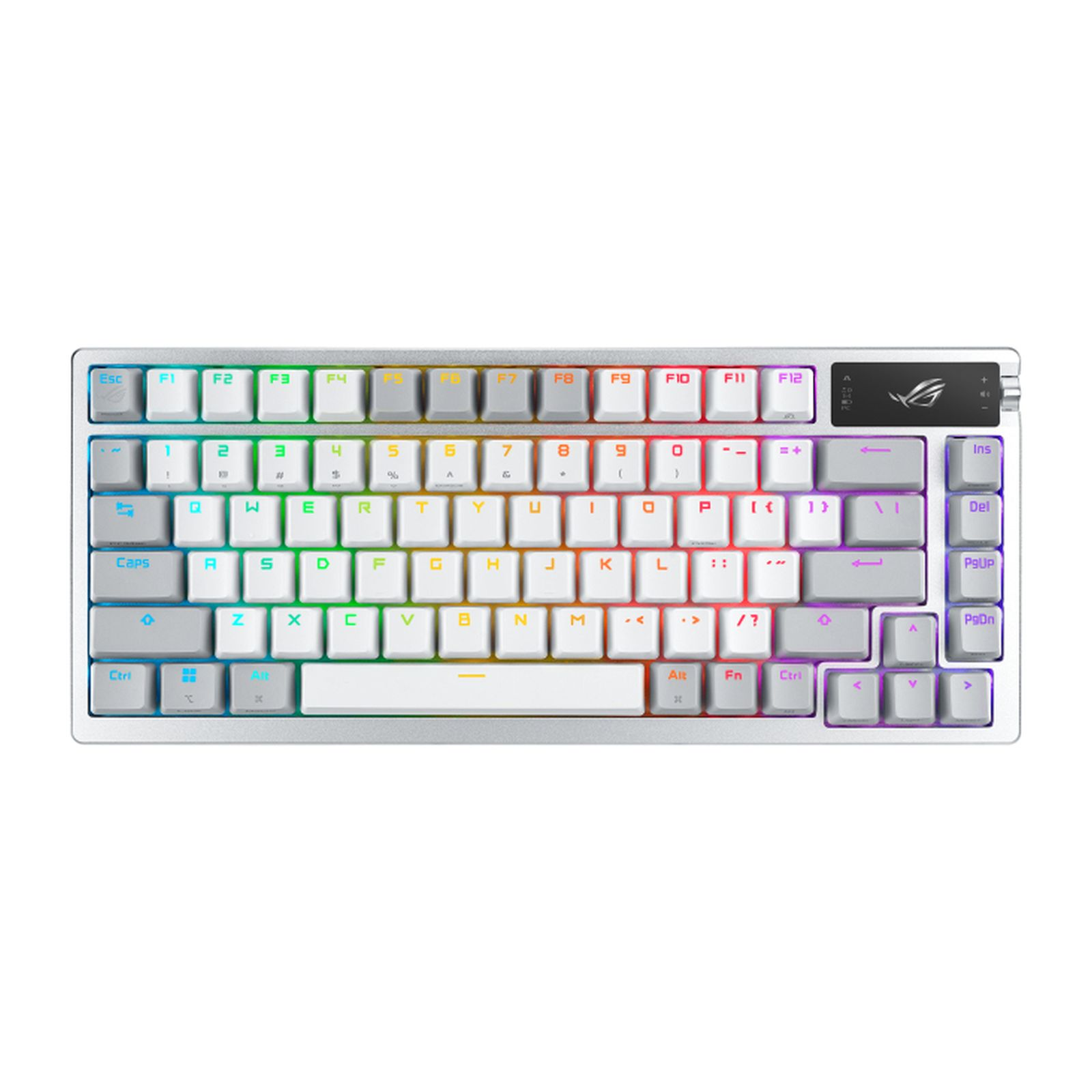 Eine weiße mechanische Tastatur mit RGB-Beleuchtung und einem ROG-Logo.