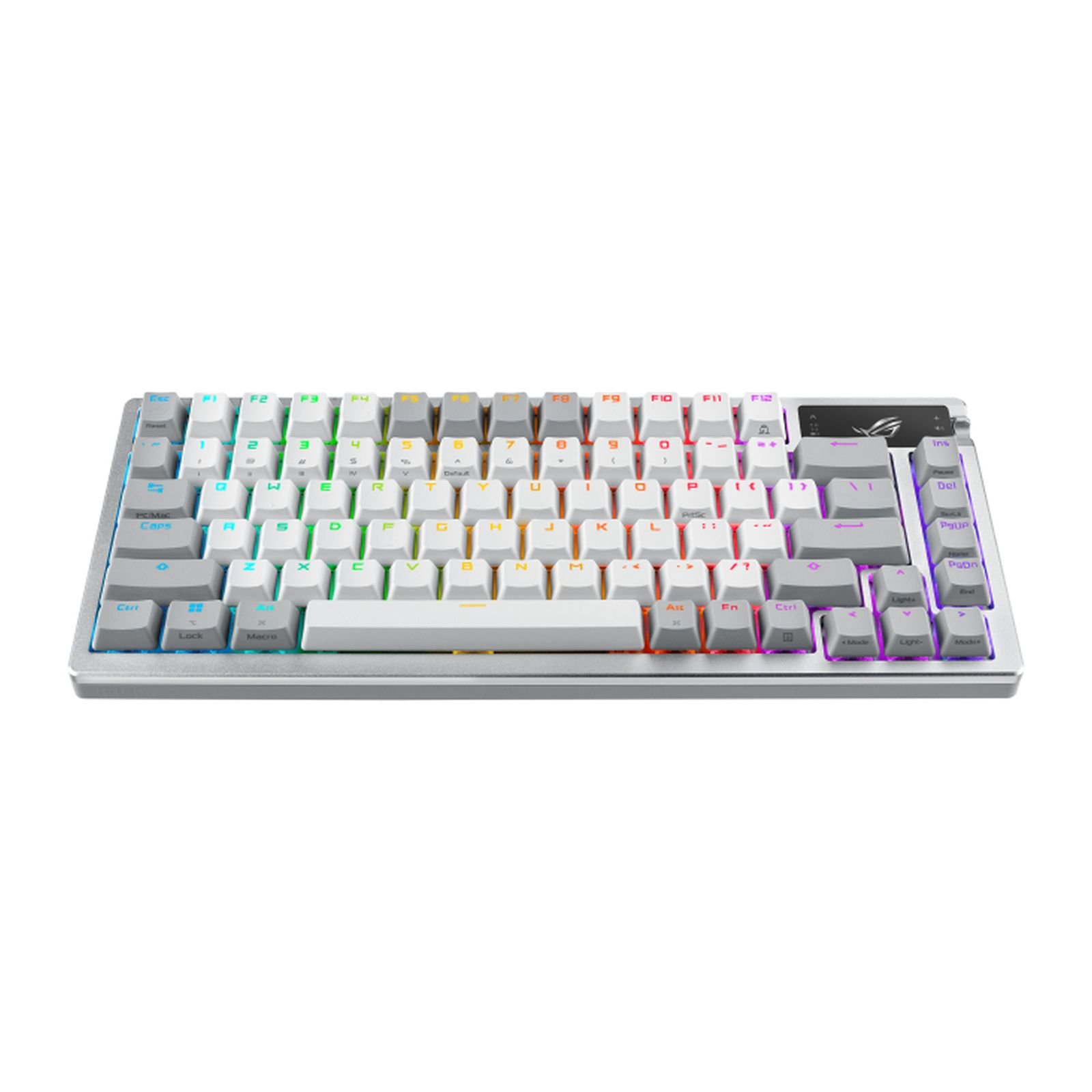 Eine weiße mechanische Tastatur mit RGB-Beleuchtung auf den Tasten.