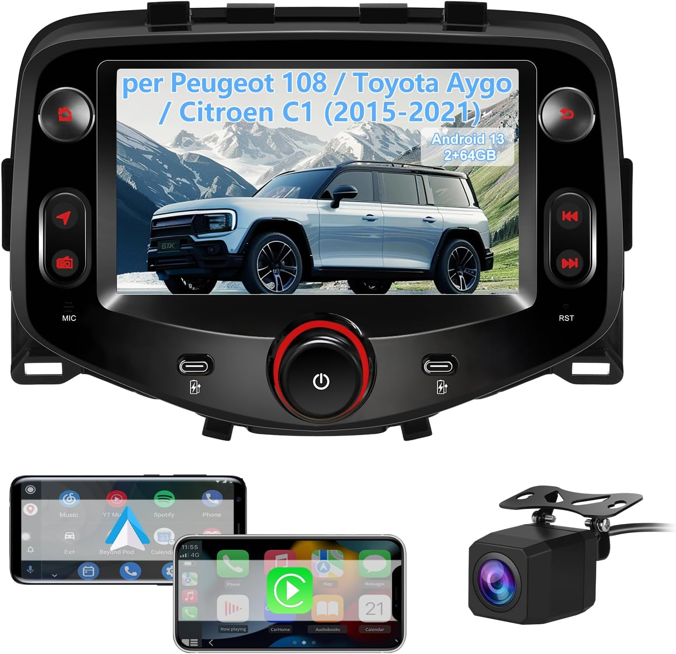 Un autoradio con touchscreen che mostra un'auto e due smartphone.