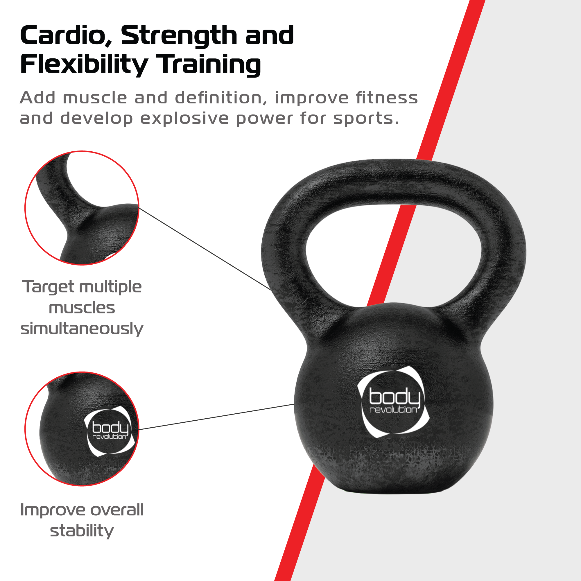 Pesa rusa negra con texto sobre entrenamiento de cardio, fuerza y flexibilidad.