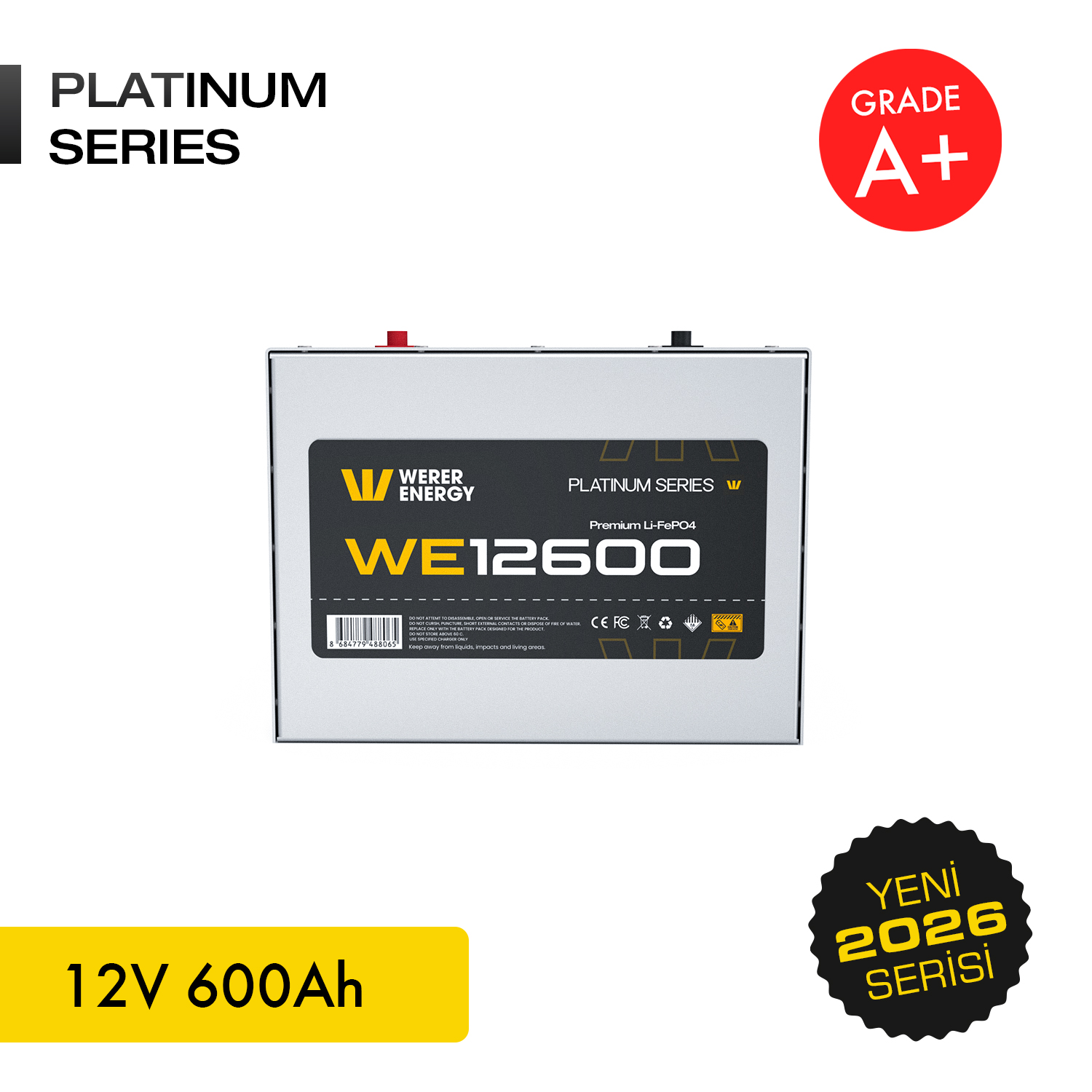Platinum Series, WE12600, 12V 600Ah yazılı beyaz LiFePO4 pil.