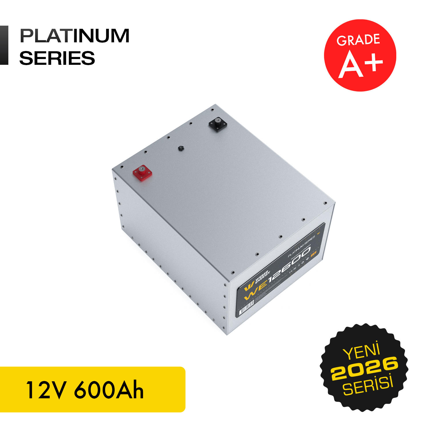 Kırmızı ve siyah terminalli Gümüş 12V 600Ah Platinum Series batarya.