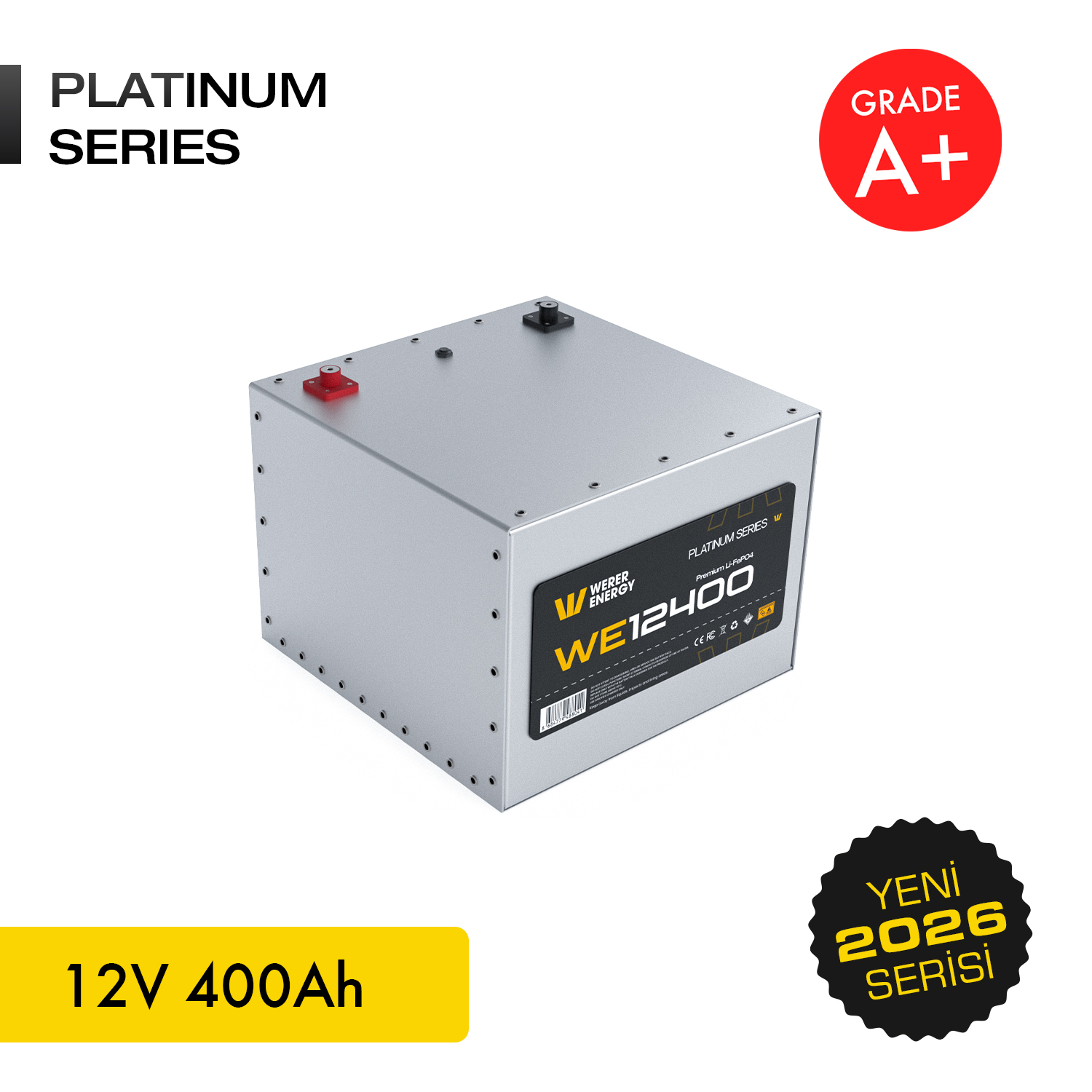 Gümüş 12V 400Ah batarya, Platinum Serisi, A+ Sınıfı, 2026 Serisi.