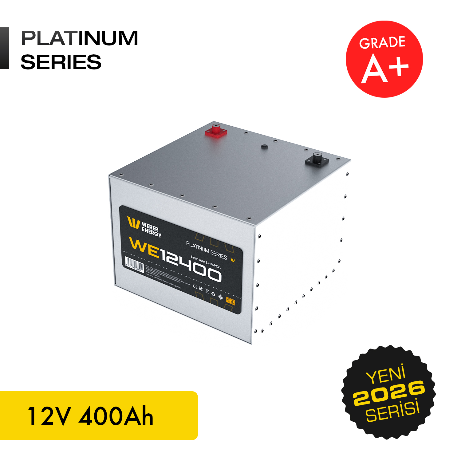 Kırmızı ve siyah terminalli gümüş 12V 400Ah Platinum Series akü.
