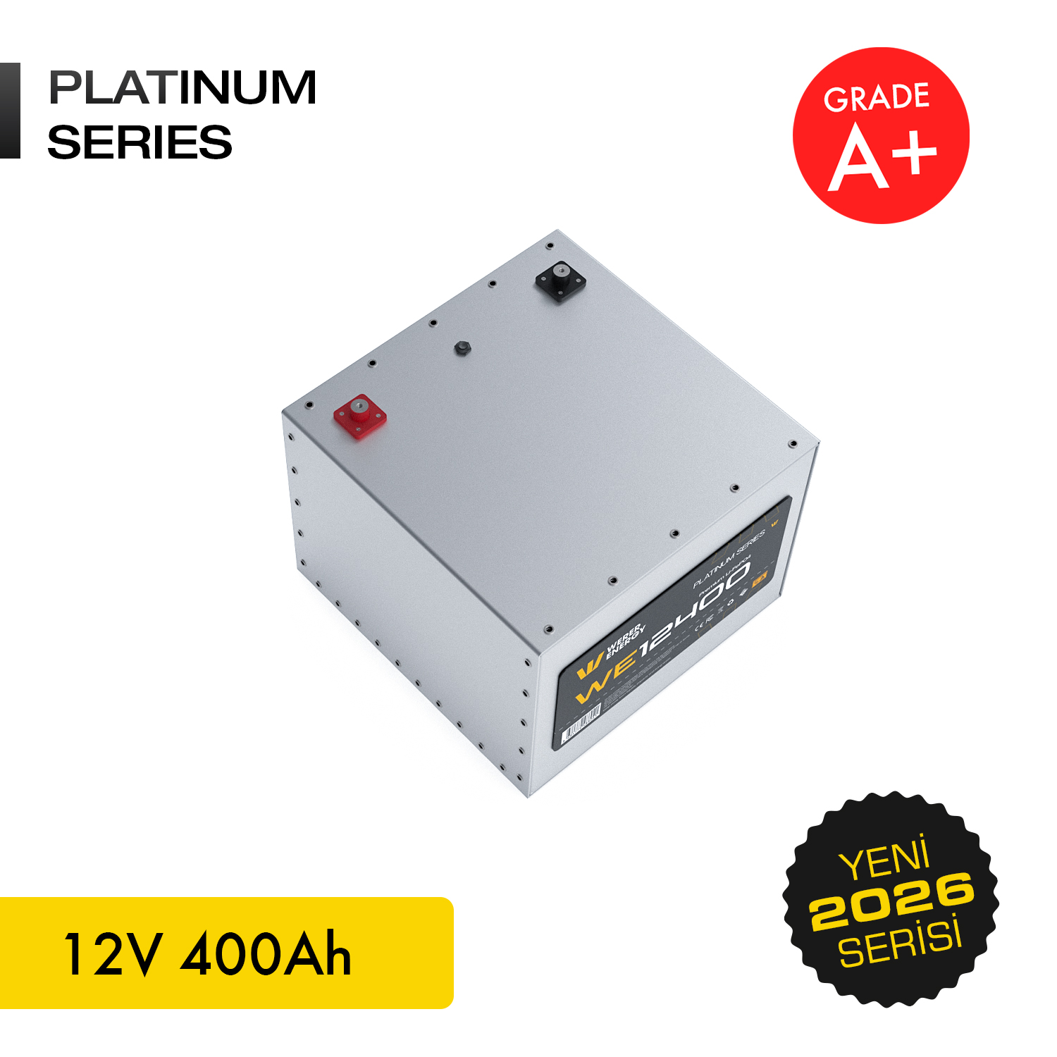 Gümüş Platinum Series batarya, 12V 400Ah, A+ kalite, 2026 serisi.