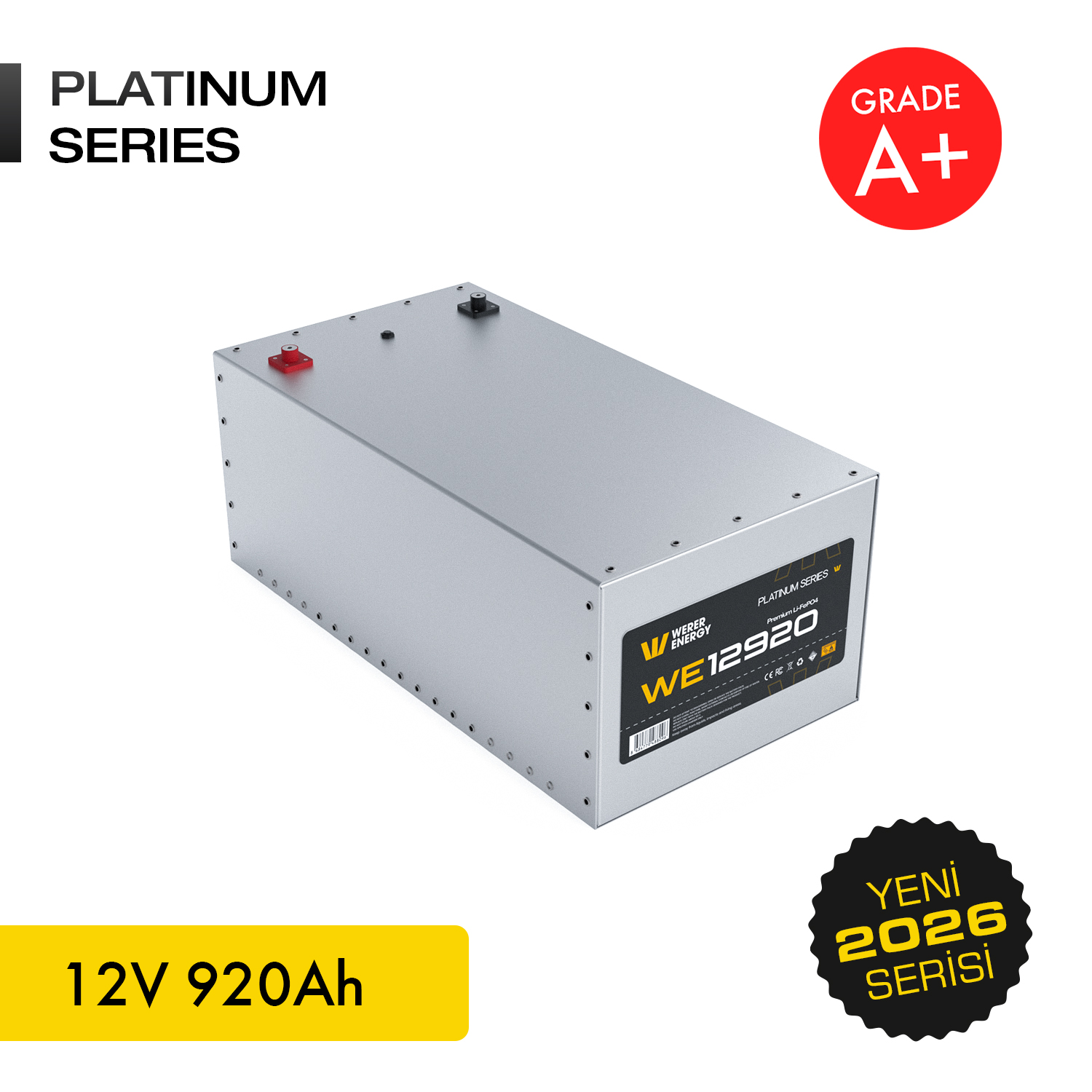 Gümüş pil, 12V 920Ah, kırmızı ve siyah terminalli, A+ Sınıfı.
