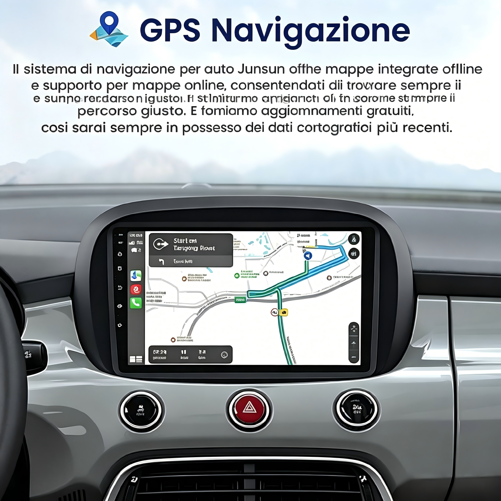 Sistema di navigazione auto con mappe online e offline su display touchscreen.