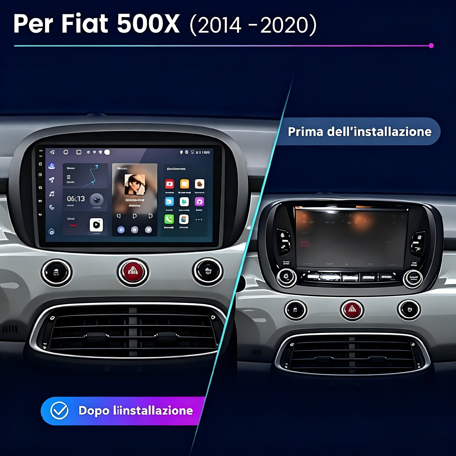 Confronto del cruscotto Fiat 500X prima e dopo l'installazione di un nuovo schermo.