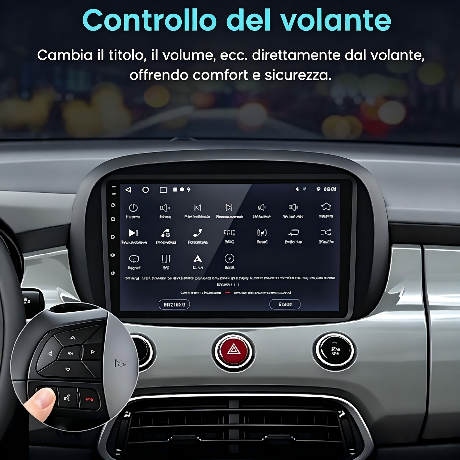 Primo piano del cruscotto di un'auto con schermo di navigazione e comandi al volante.