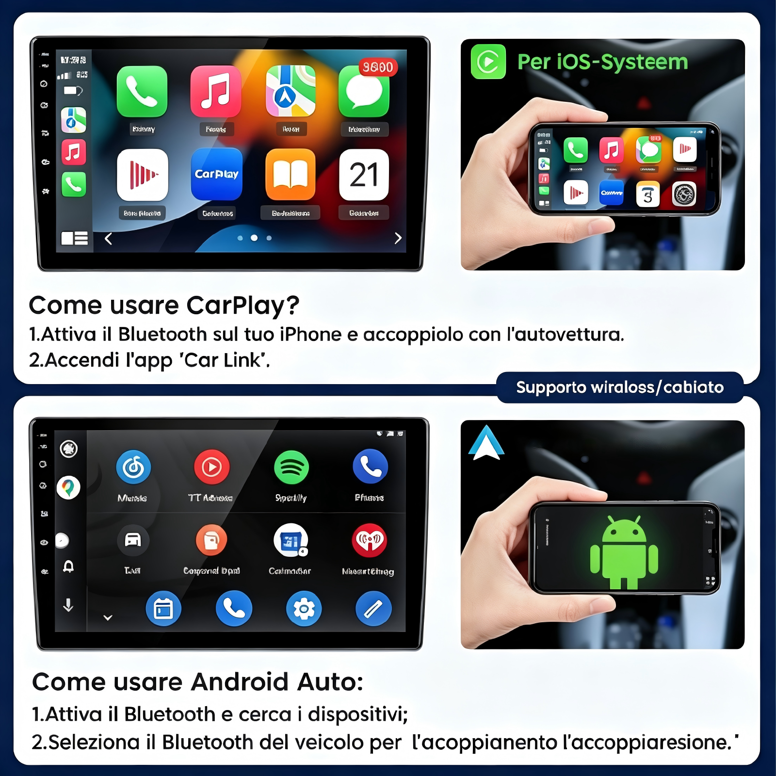 Schermo con app CarPlay e guida per dispositivi iOS. Sotto: app Android Auto e guida per dispositivi Android.