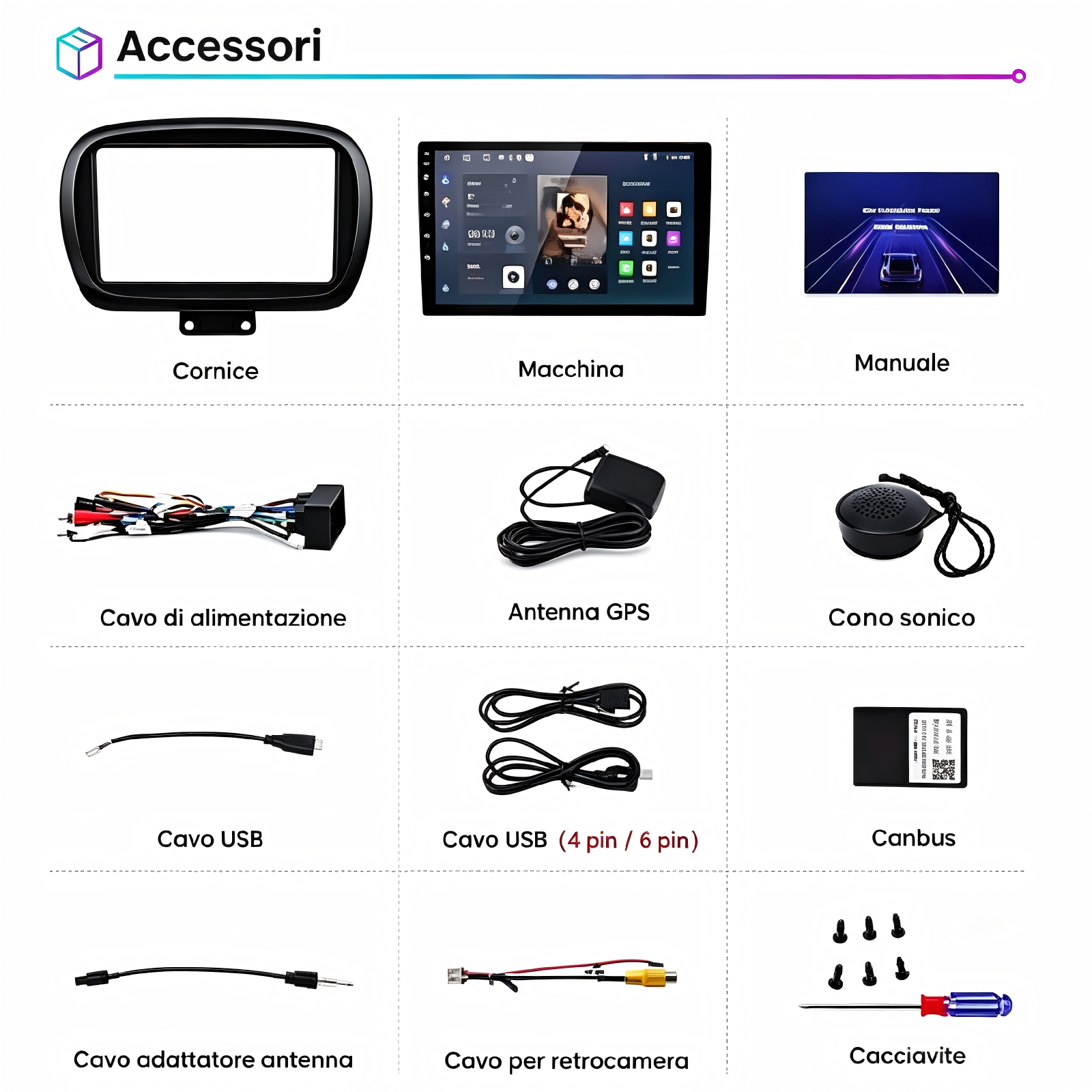 Layout accessori auto con cornice, schermo infotainment, cavi e utensili.
