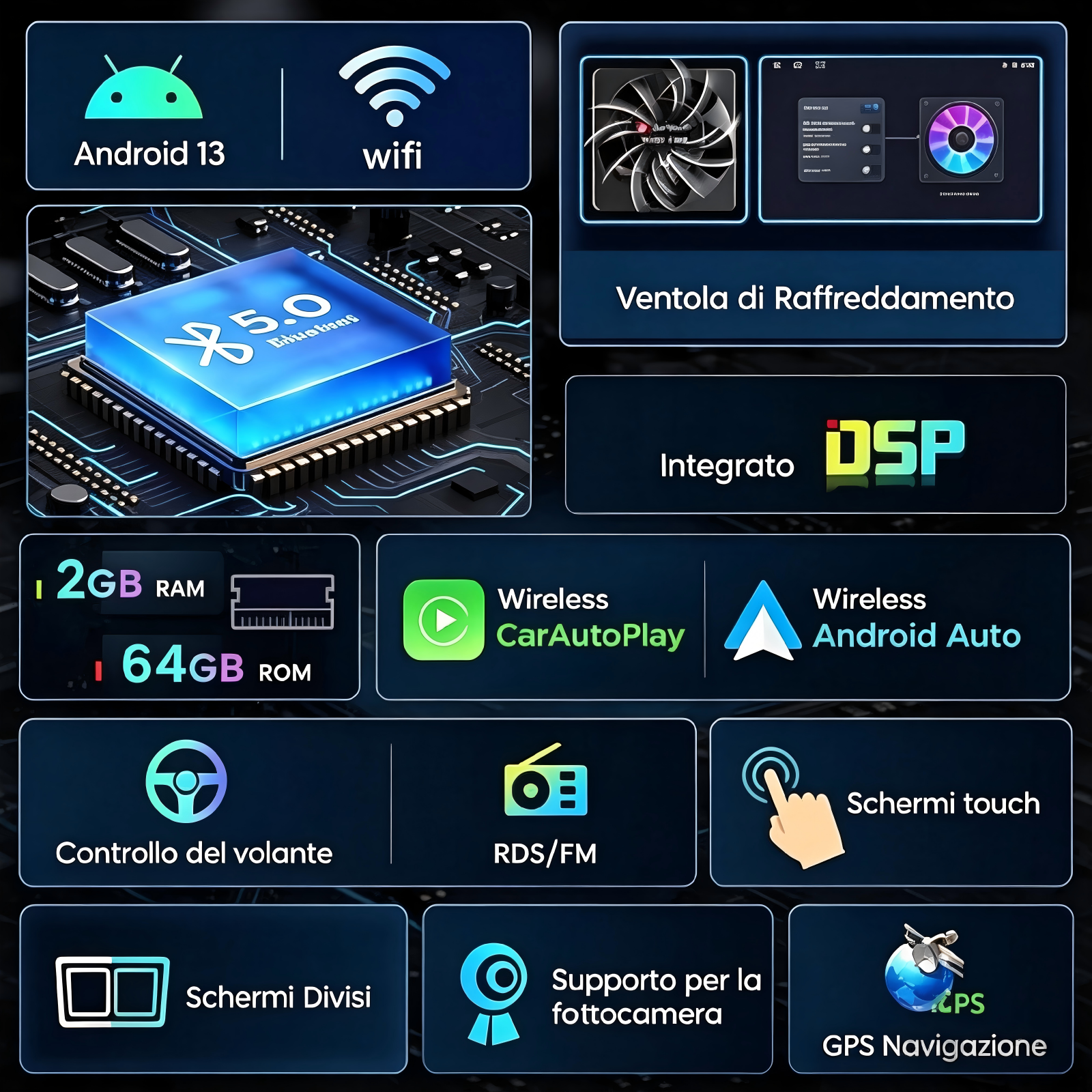 Android 13, WiFi, Bluetooth 5.0, Ventola, DSP, 2GB RAM, 64GB ROM, Wireless CarAutoPlay, Android Auto, Comandi Volante, RDS/FM, Touchscreen, Schermo Diviso, Fotocamera, GPS.