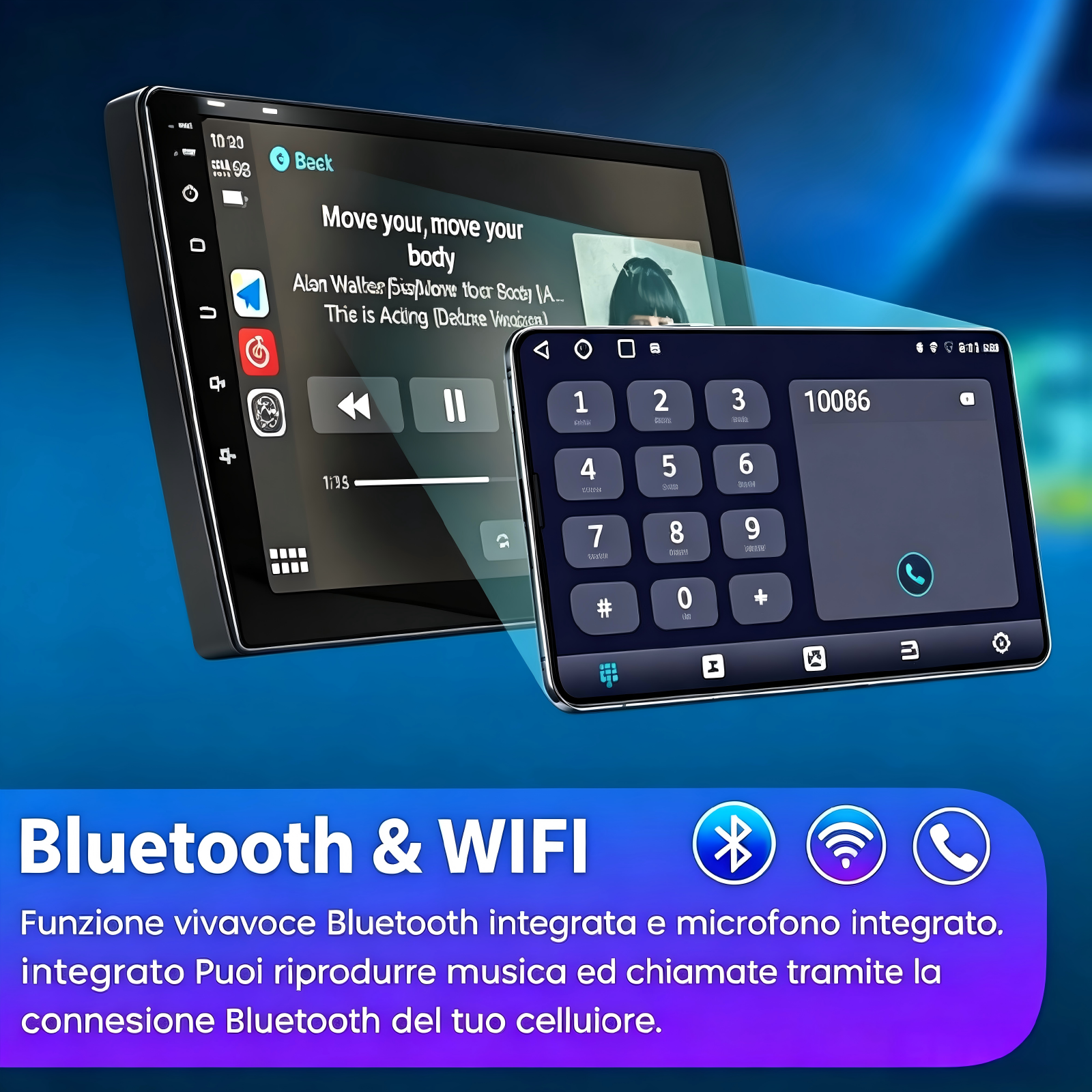 Un sistema di infotainment per auto mostra un'app musicale e un'app telefonica.