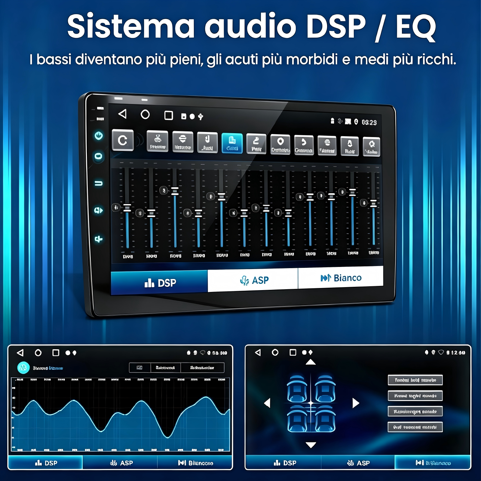 Display autoradio con equalizzatore e impostazioni audio.