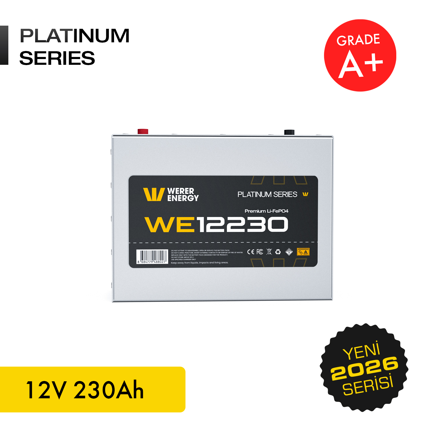 Gri Platinum Series 12V 230Ah pil, Grade A+ etiketli.