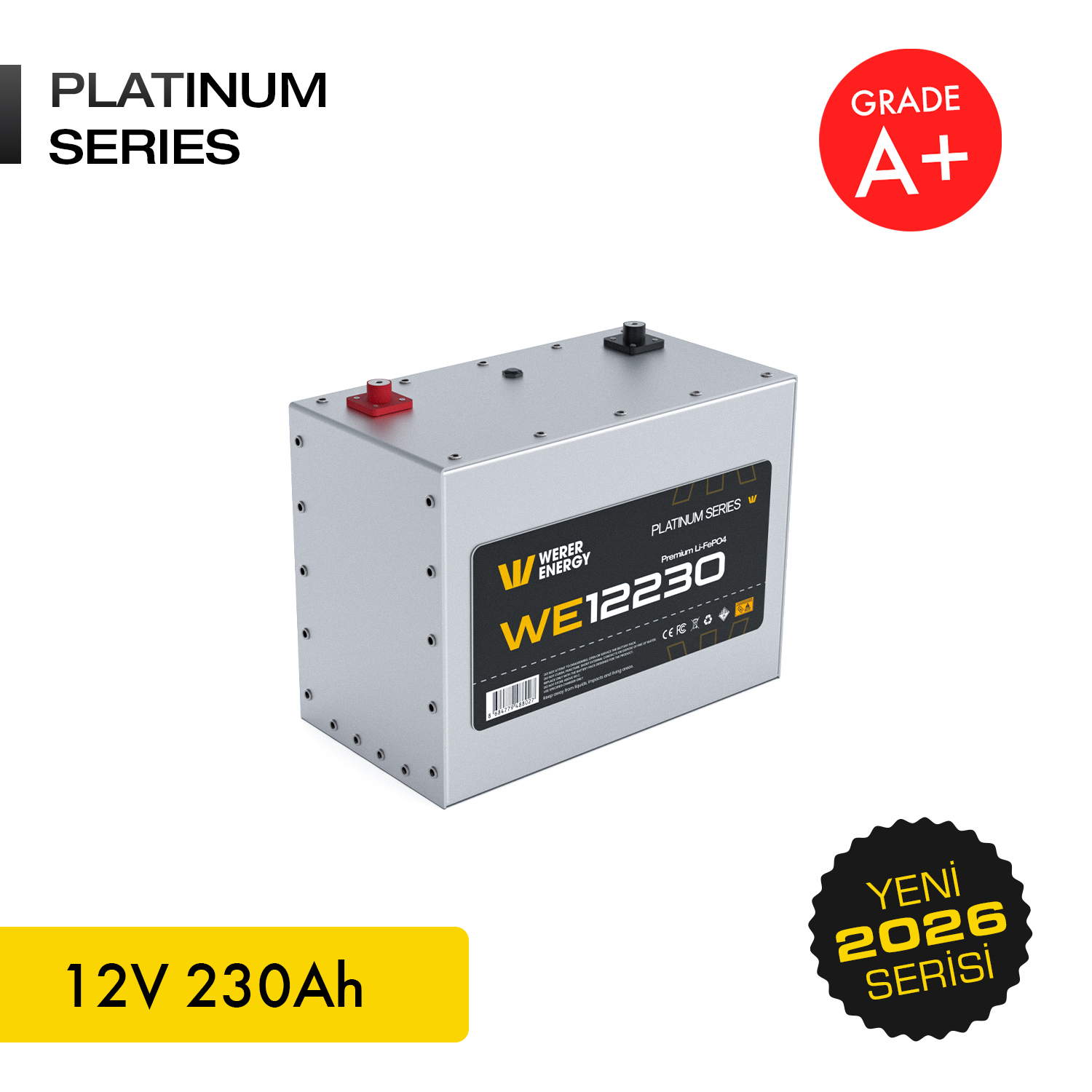Gümüş 12V 230Ah Platinum Serisi akü, A+ sınıflandırma ve 2026 serisi ibaresi.