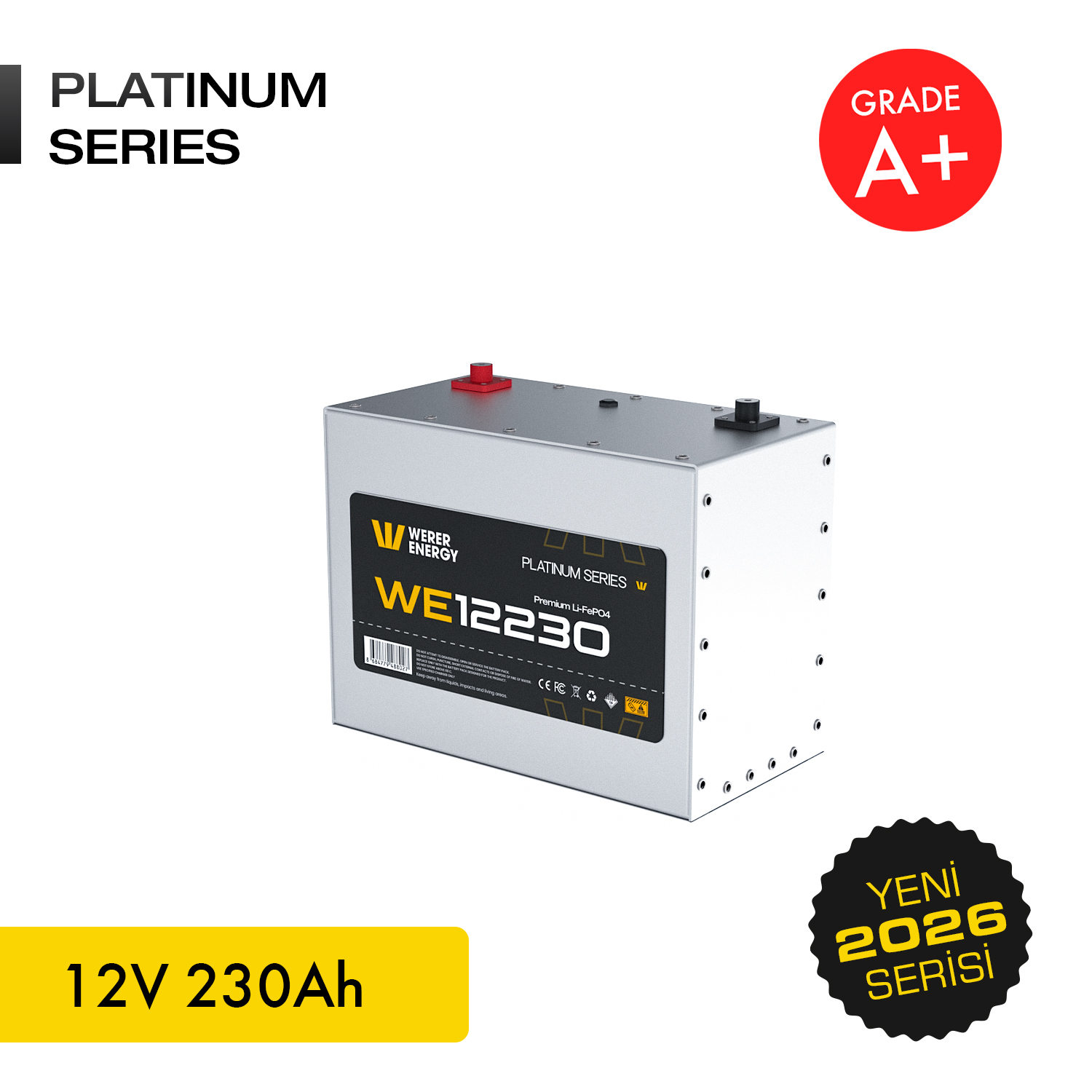 Gümüş WE12230 pil, 12V 230Ah, kırmızı ve siyah terminalli.