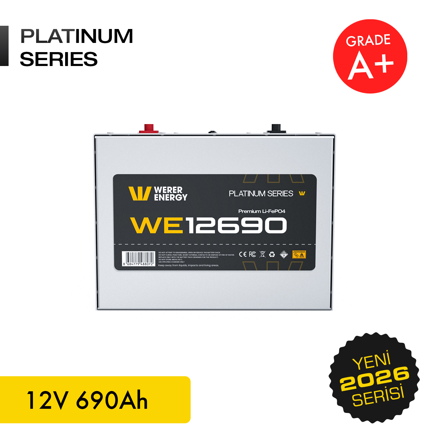 Kırmızı ve siyah terminalli gri LiFePO4 akü paketi, 12V 690Ah.