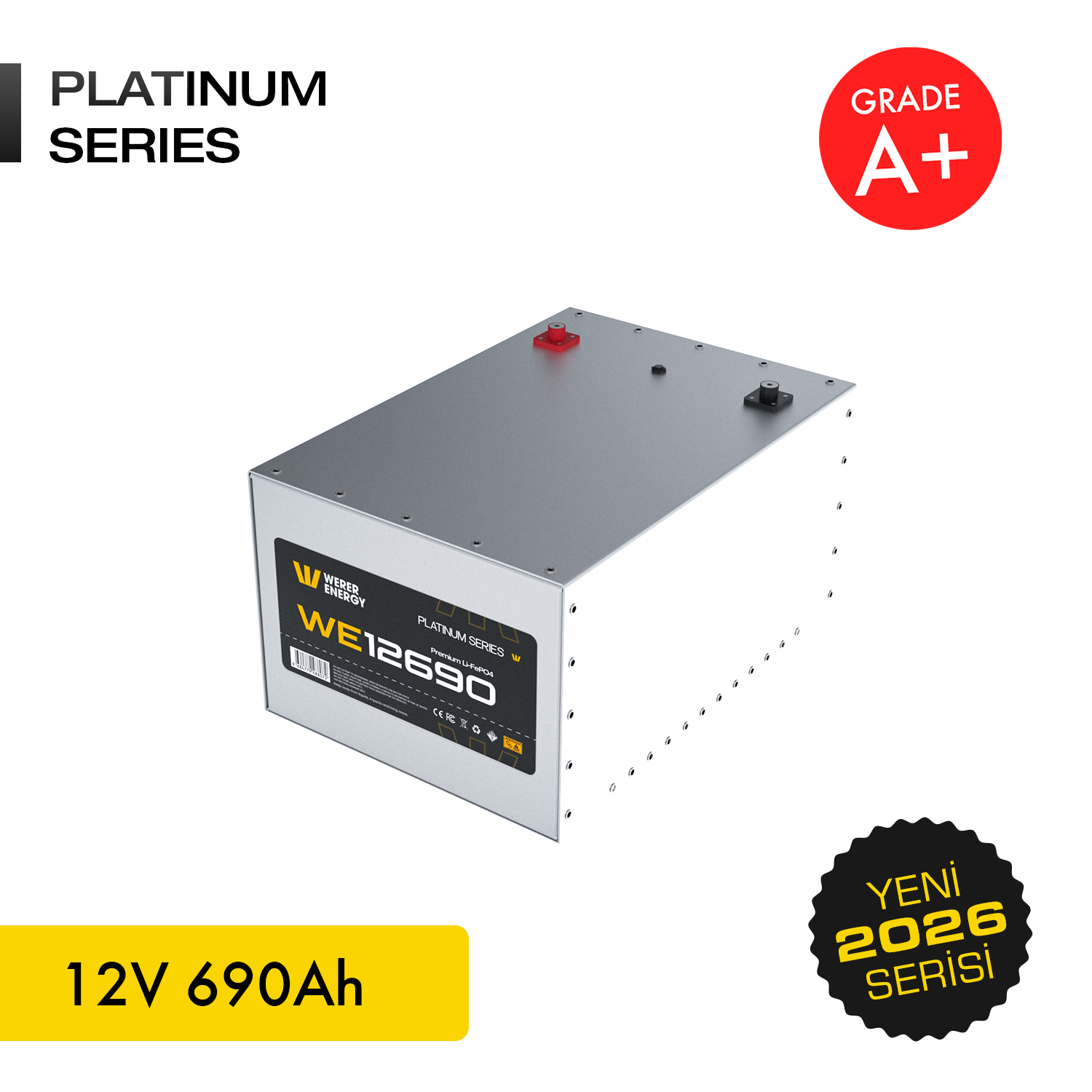 Gri LiFePO4 batarya, 12V 690Ah, "Platinum Series" ve "Grade A+" etiketli.