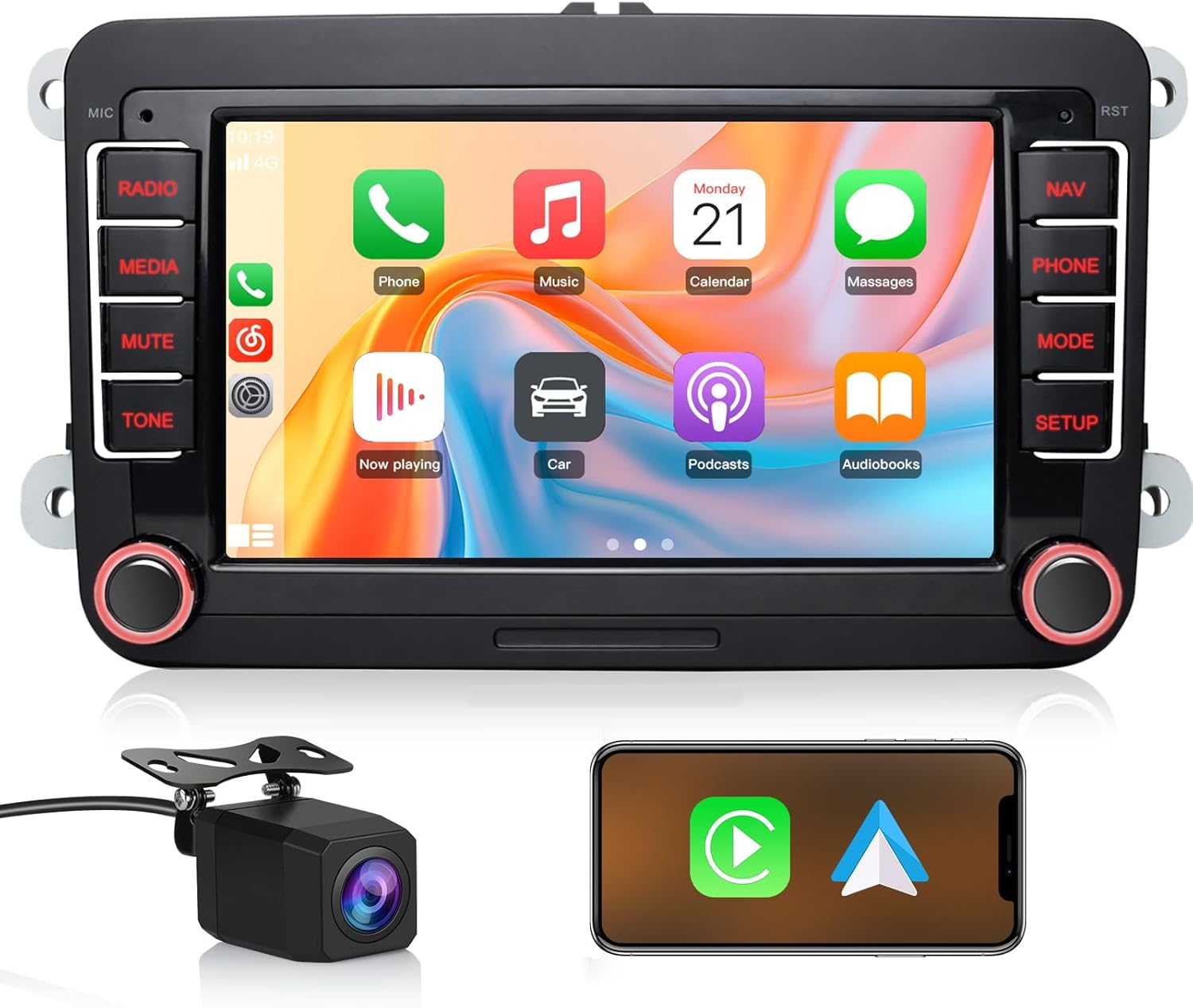Autoradio con touchscreen che mostra icone di app. Sotto una telecamera e un cellulare.
