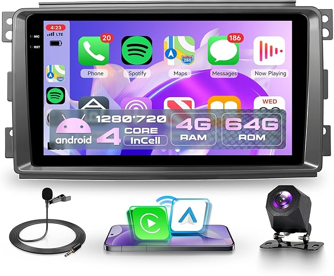 Display autoradio mostra app: Telefono, Spotify, Mappe e Messaggi.