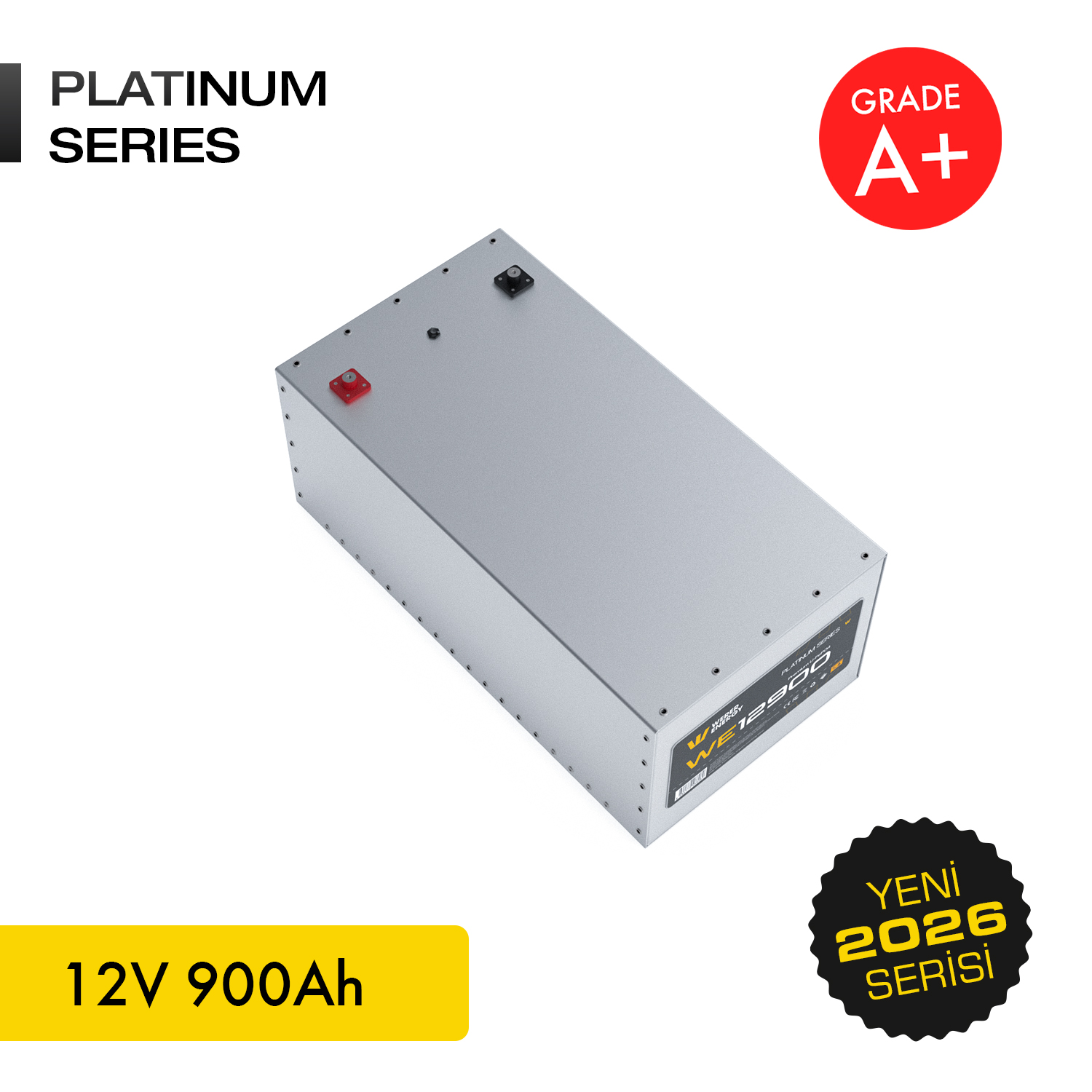 Gümüş Platinum Serisi akü, 12V 900Ah, A+ notu etiketiyle.