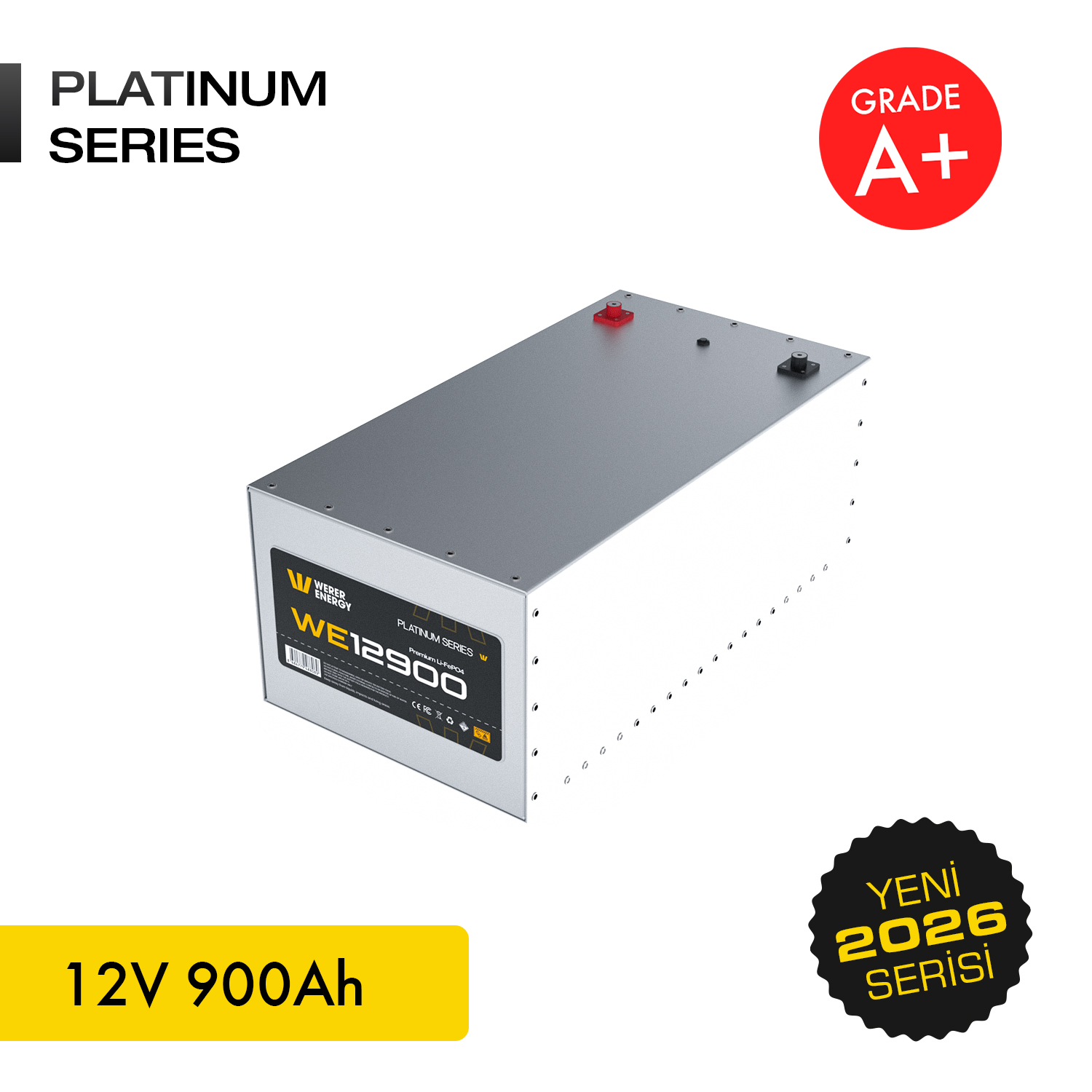 Gri ve beyaz pil, WE12900 modeli, 12V 900Ah, Platinum Serisi.
