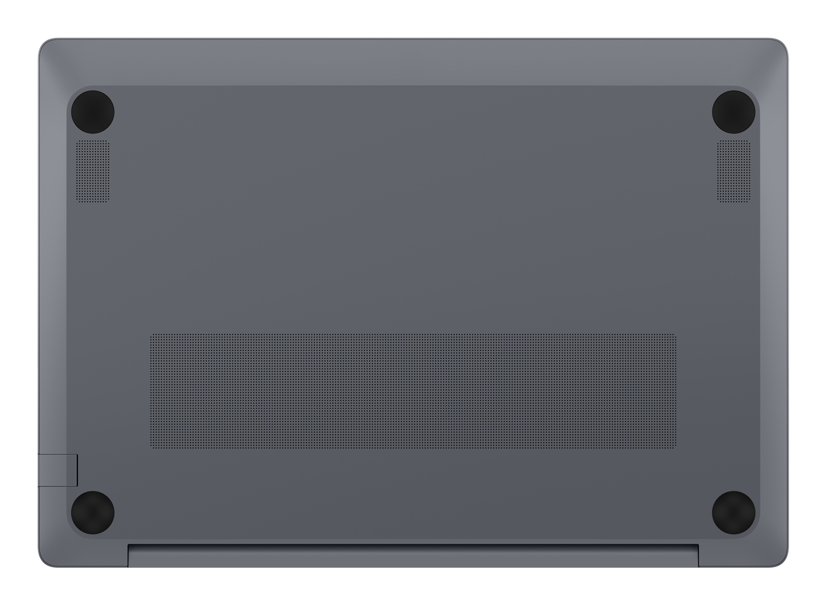 Parte inferiore di un laptop grigio con prese d'aria e piedini in gomma.