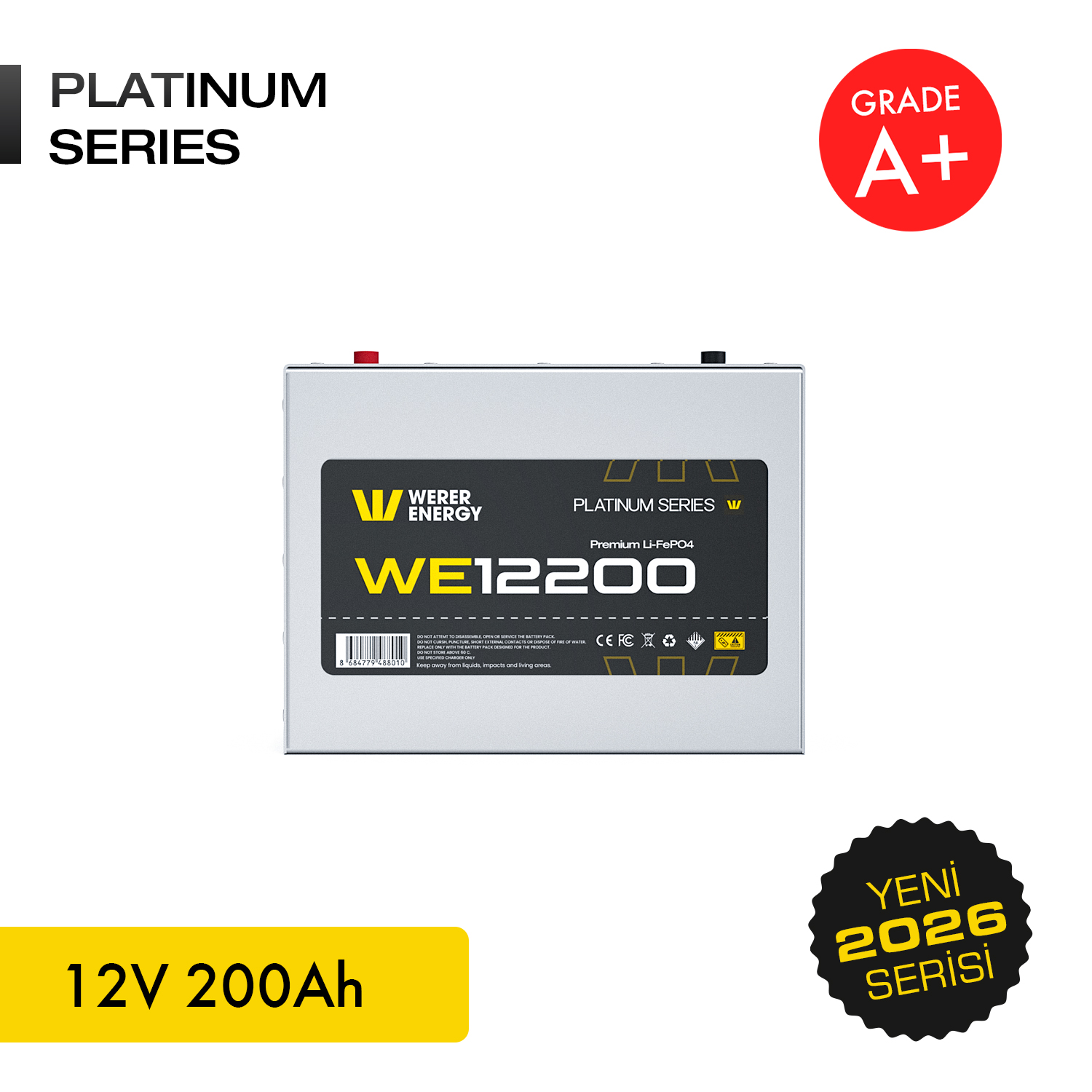 'PLATINUM SERIES' ve '12V 200Ah' yazılı gümüş pil.