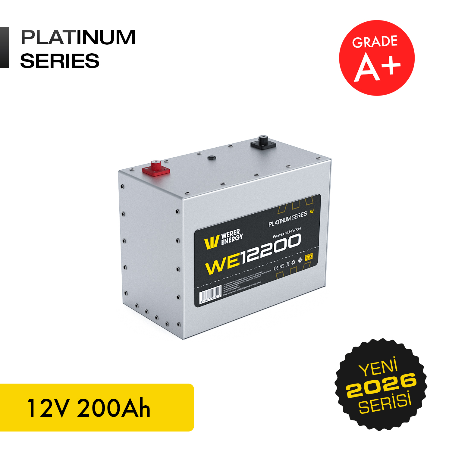 Gümüş 12V 200Ah Platinum Serisi pil, WE12200 modeli.