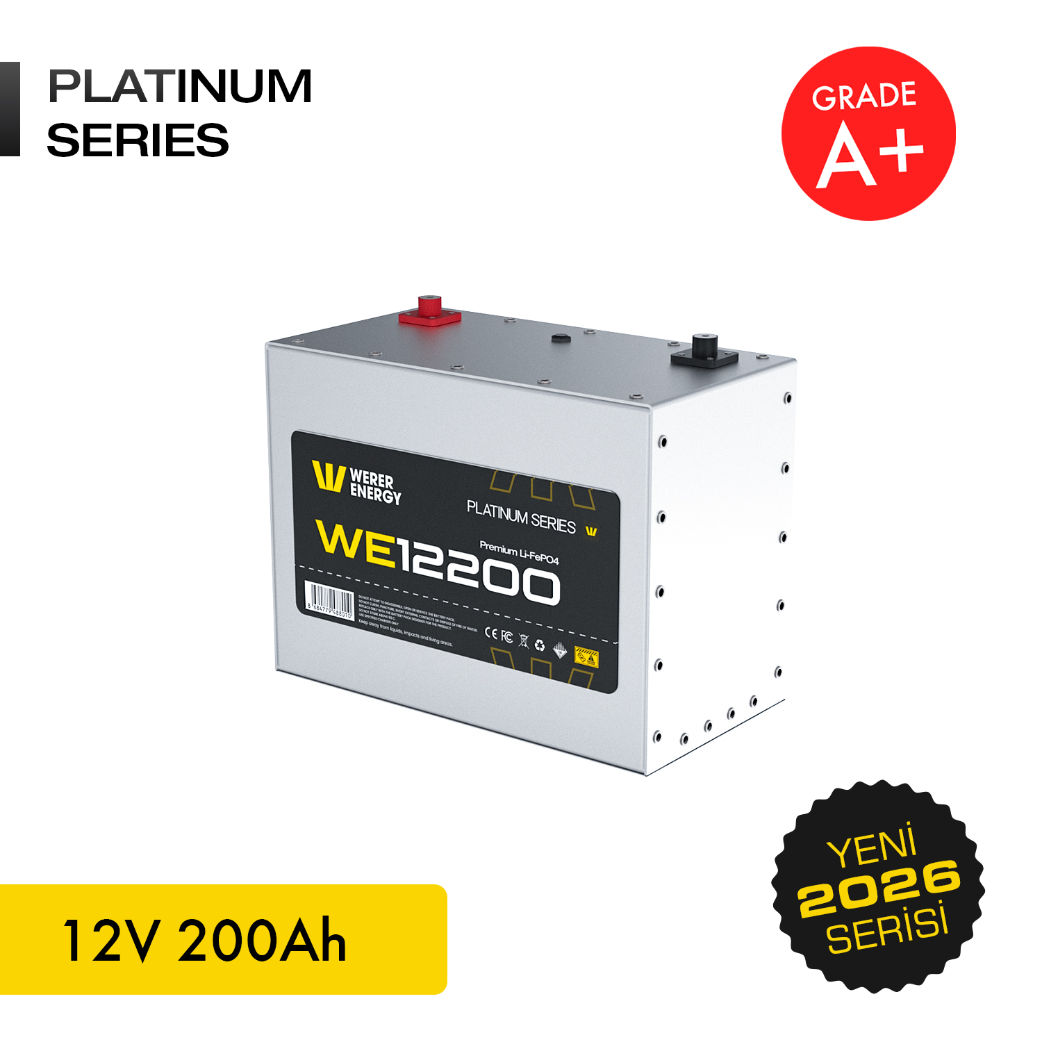 Gümüş renkli, sarı ve siyah detaylı pil. "PLATINUM SERIES" ve "12V 200Ah".