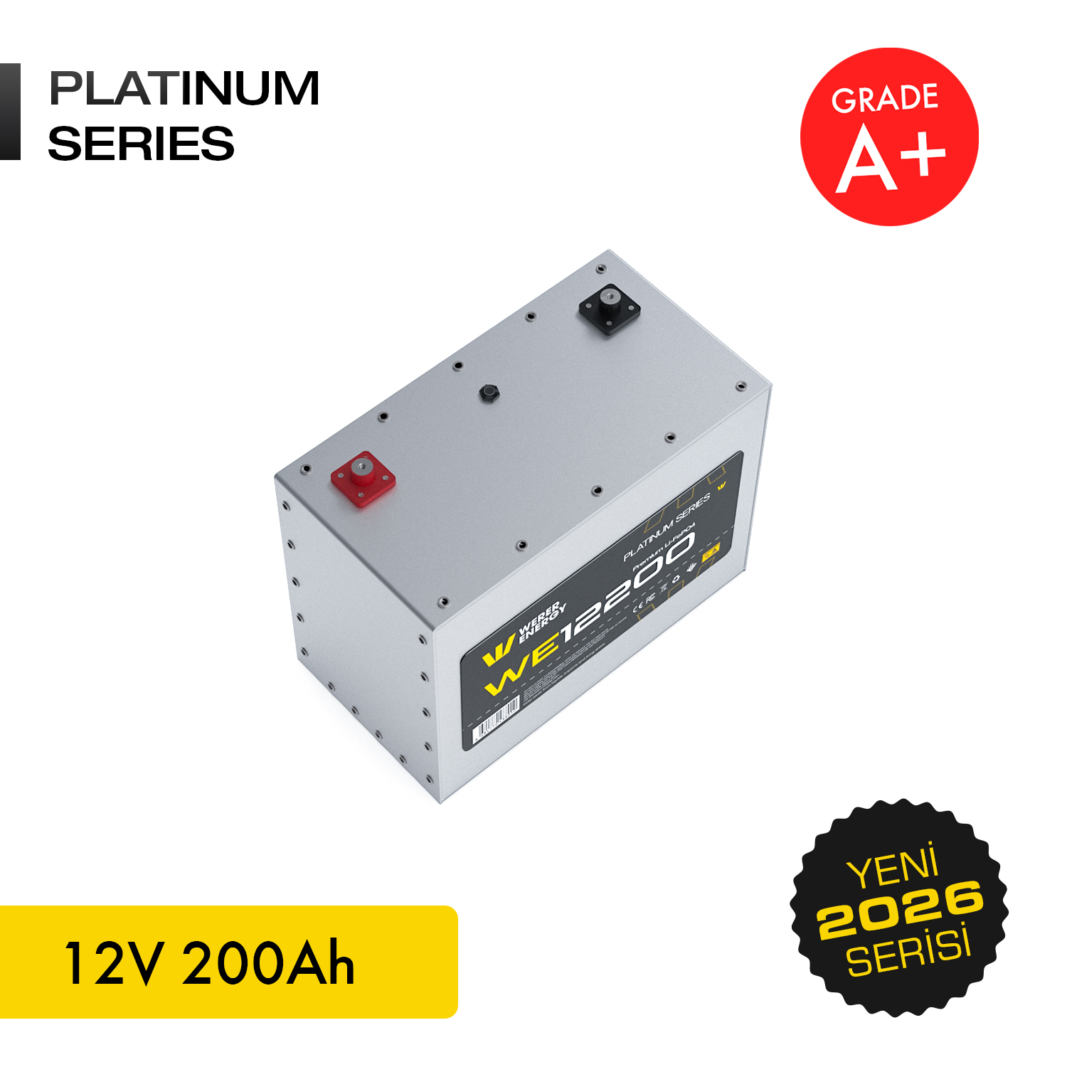 Gümüş 12V 200Ah Platinum Serisi akü, kırmızı ve siyah terminalli.