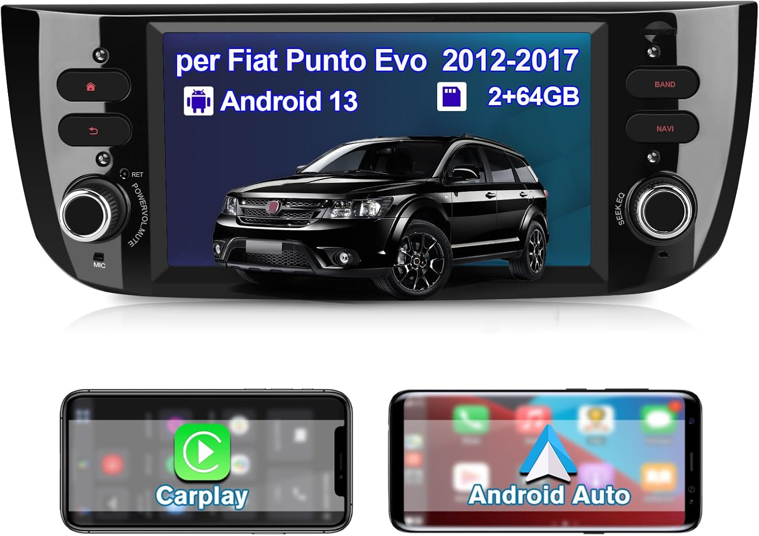 Autoradio con Android 13, Fiat Punto Evo, mostra auto nera, CarPlay e Android Auto.