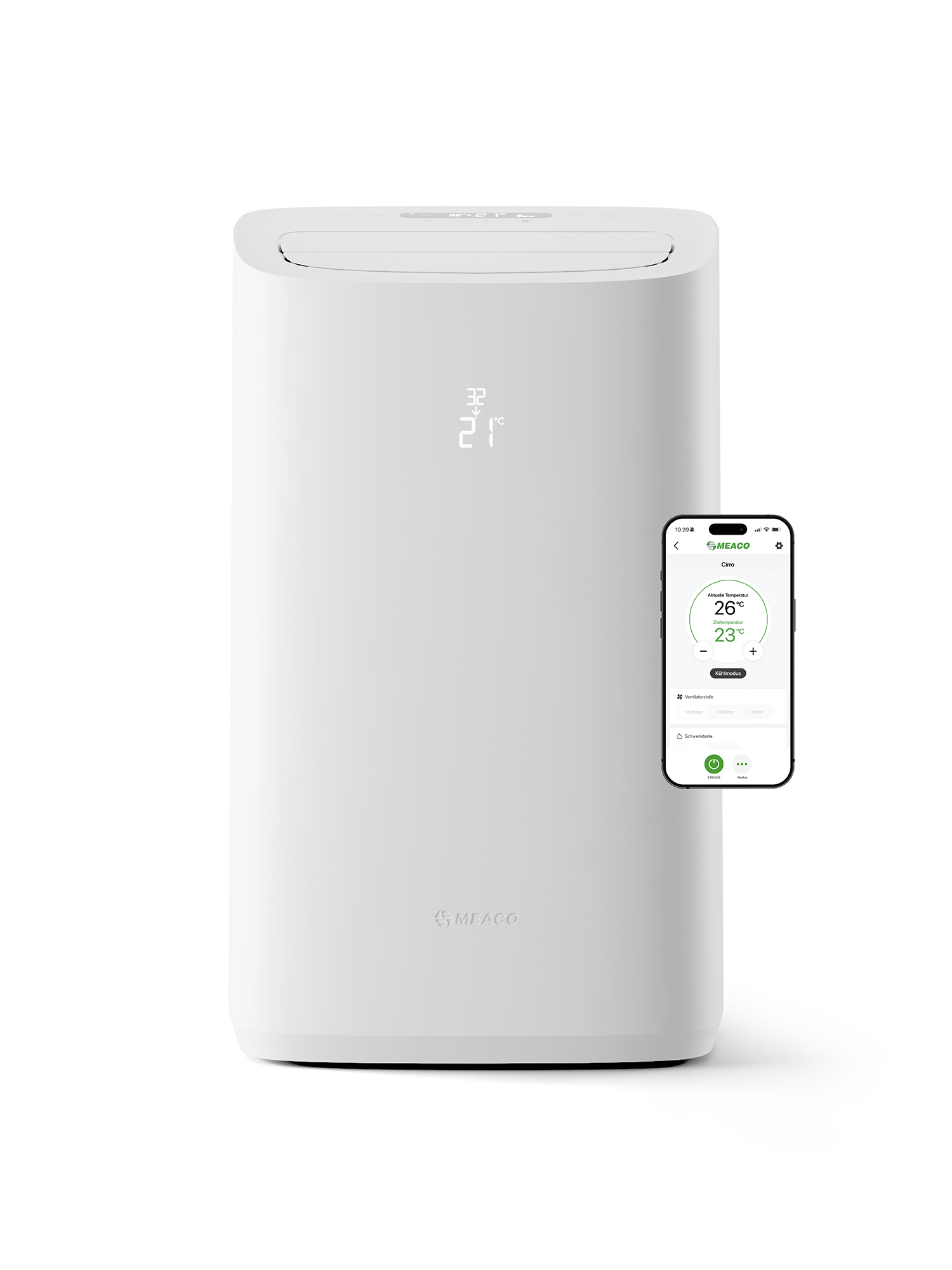 Ein weißer mobiler Klimaanlage mit einem Smartphone, das die App zeigt.