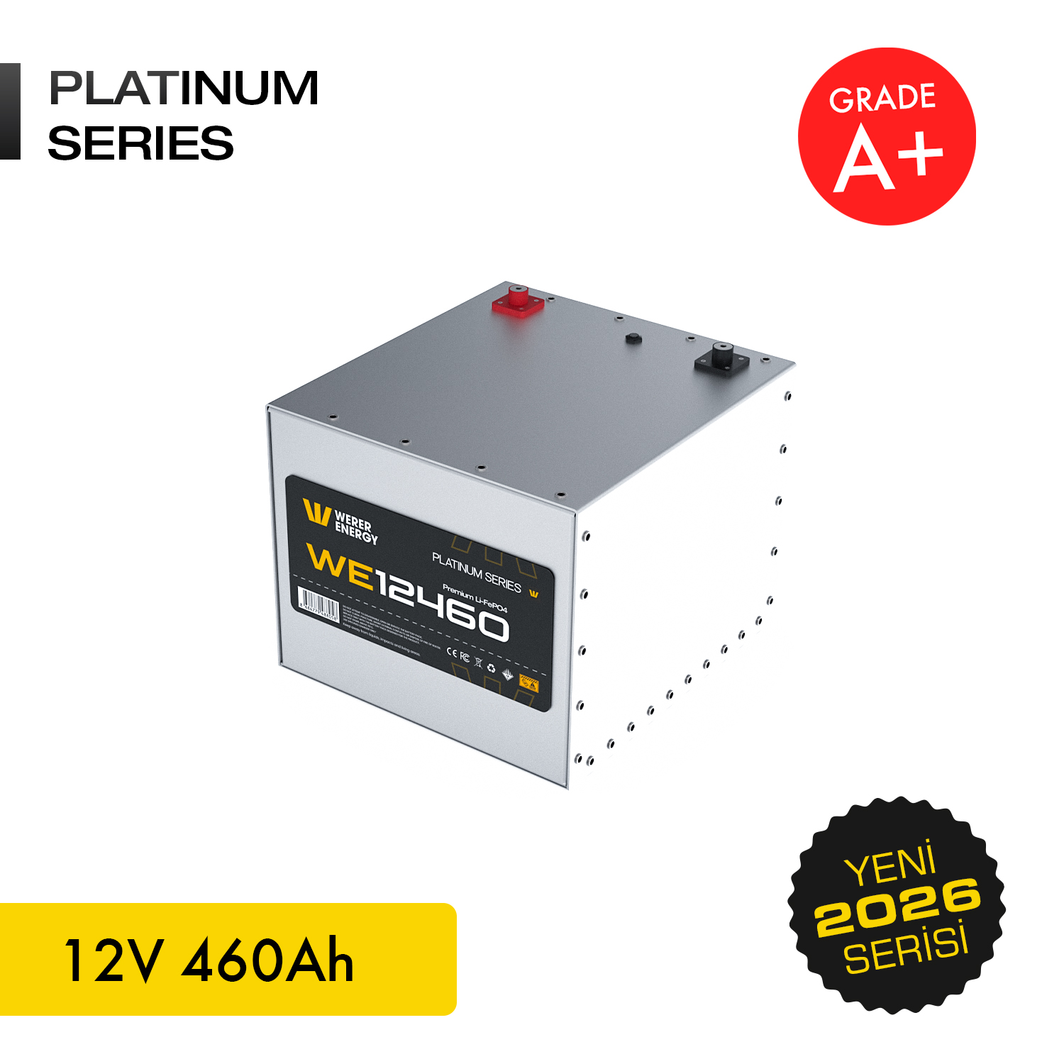 Sarı ve siyah etiketli gümüş renkli pil, 12V 460Ah.