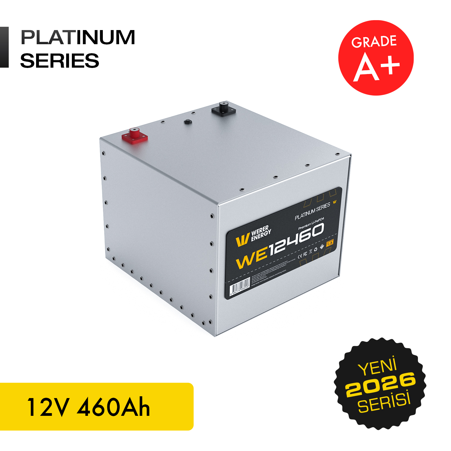 Kırmızı ve siyah terminalli gümüş 12V 460Ah Platinum Seri akü.