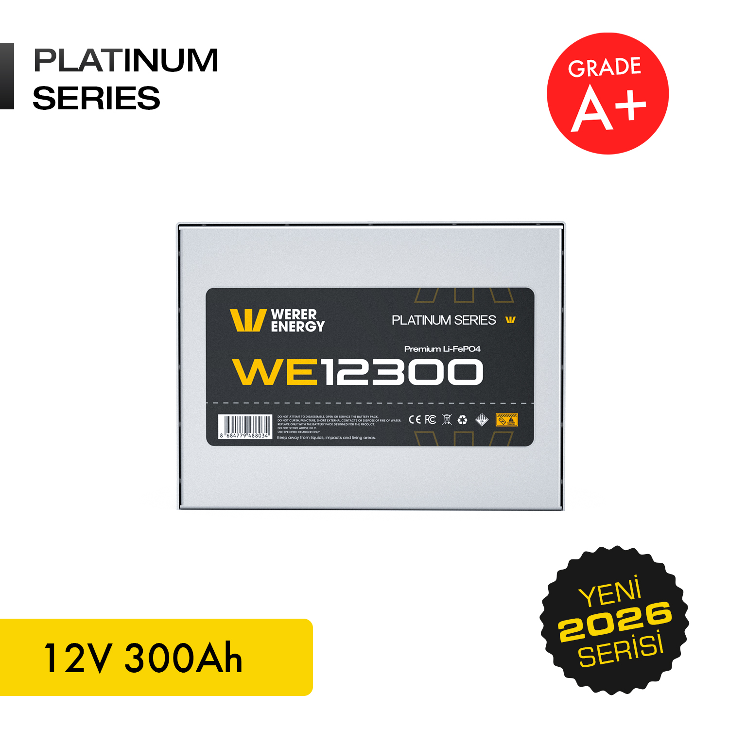 Gümüş renkli, 'WE12300 Platinum Series' etiketli ve altta '12V 300Ah' yazan pil.