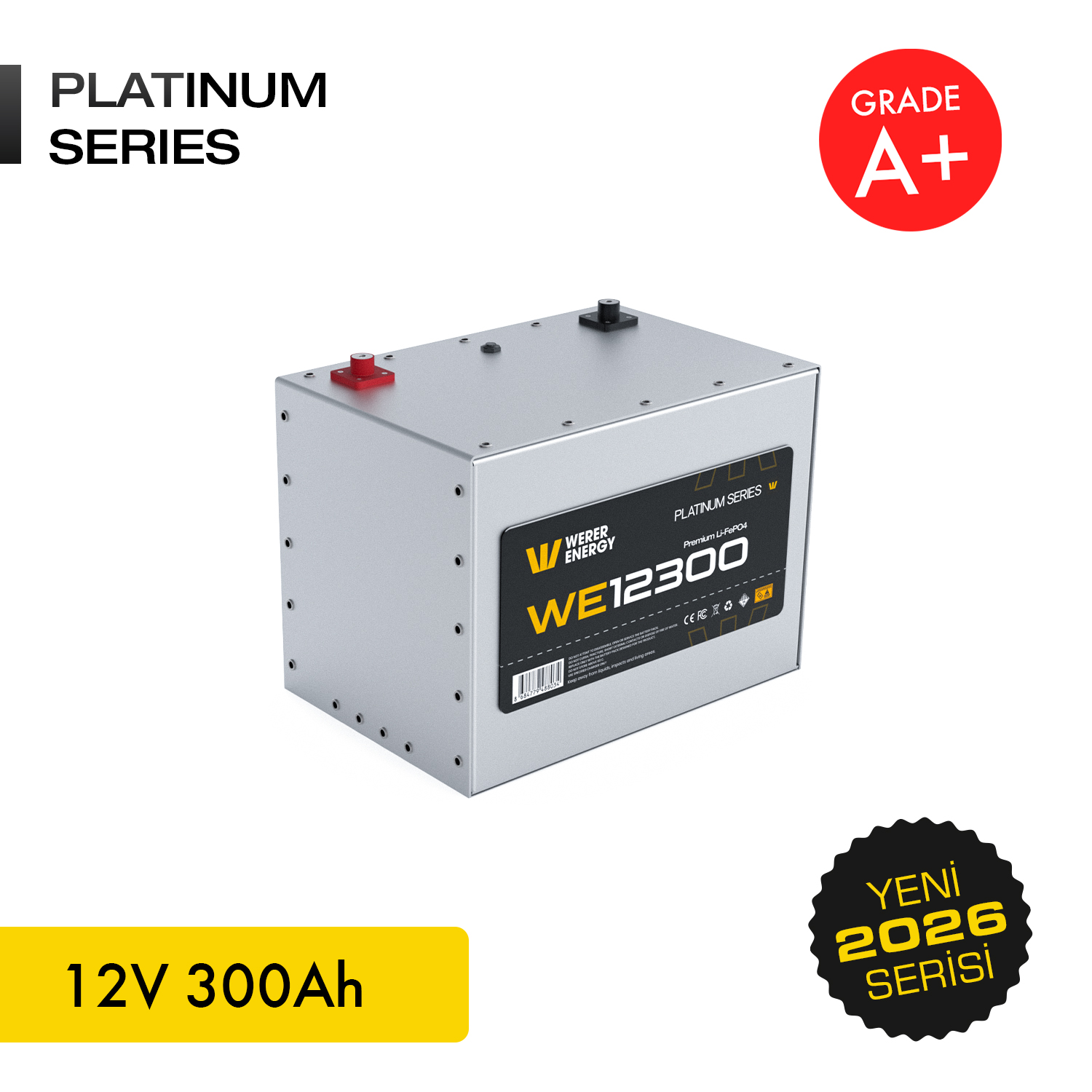 Kırmızı ve siyah terminalli gümüş akü, 12V 300Ah.