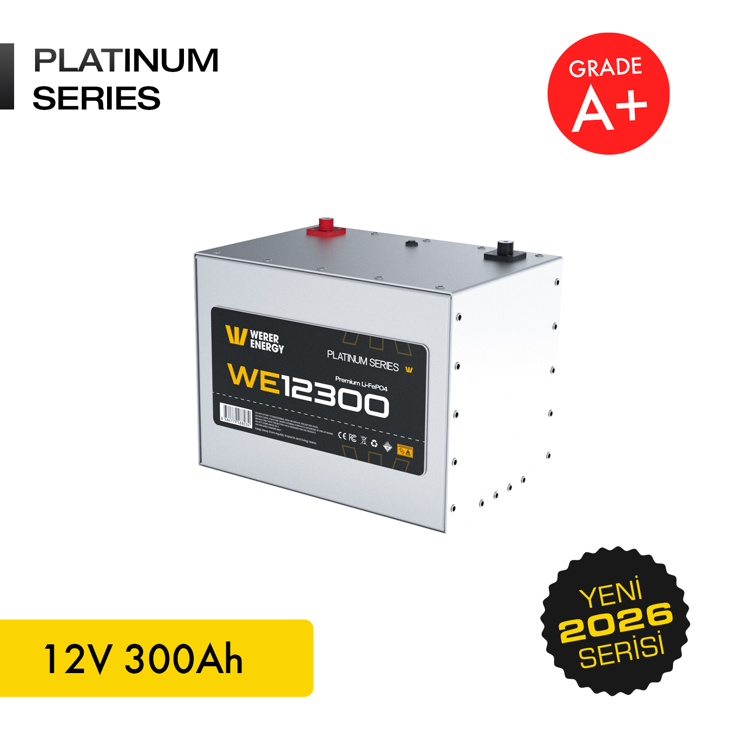 Gümüş WE12300 pil, 12V 300Ah, 'Platinum Series' etiketli.