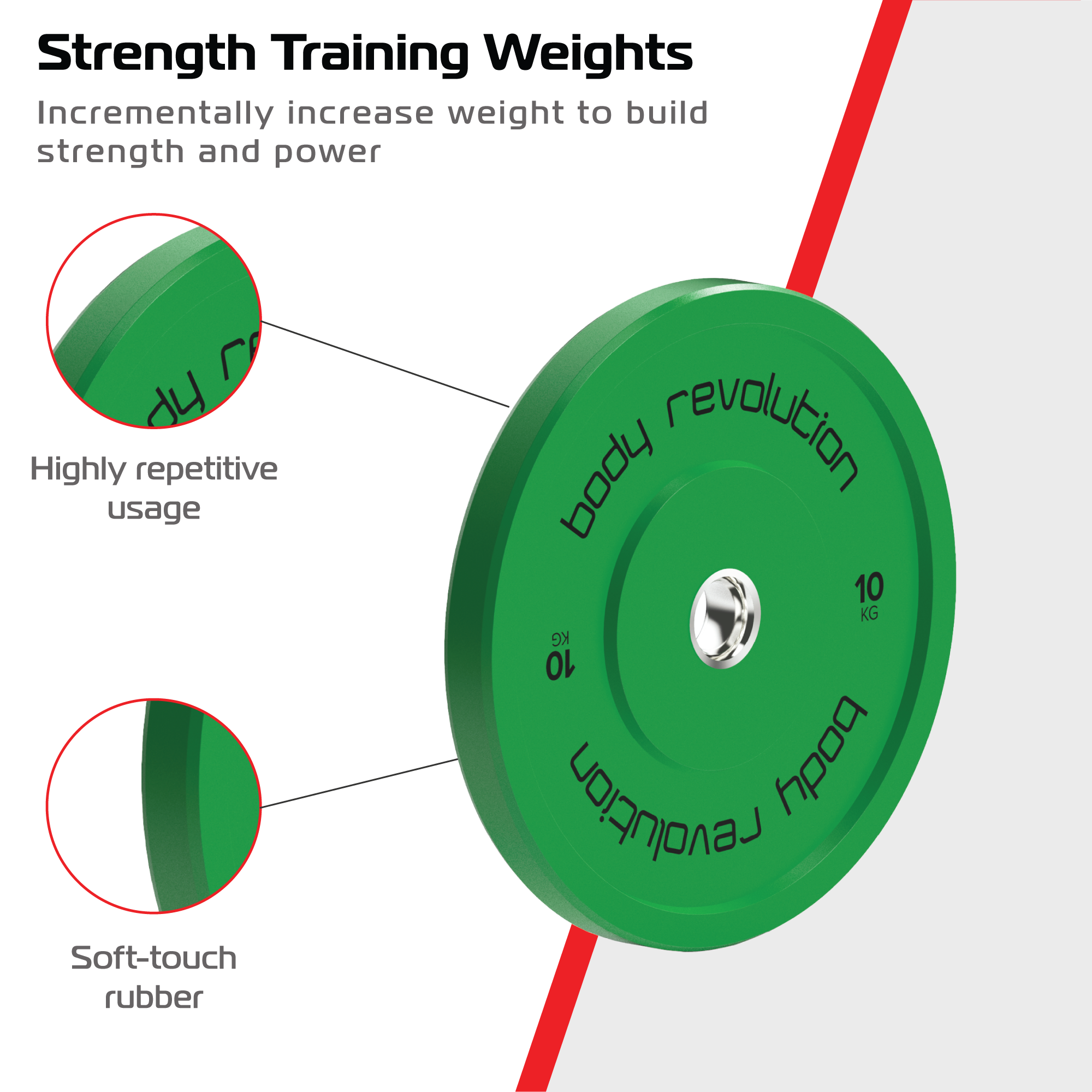 Un disco de pesas verde de 10 kg con el texto 'body revolution'.