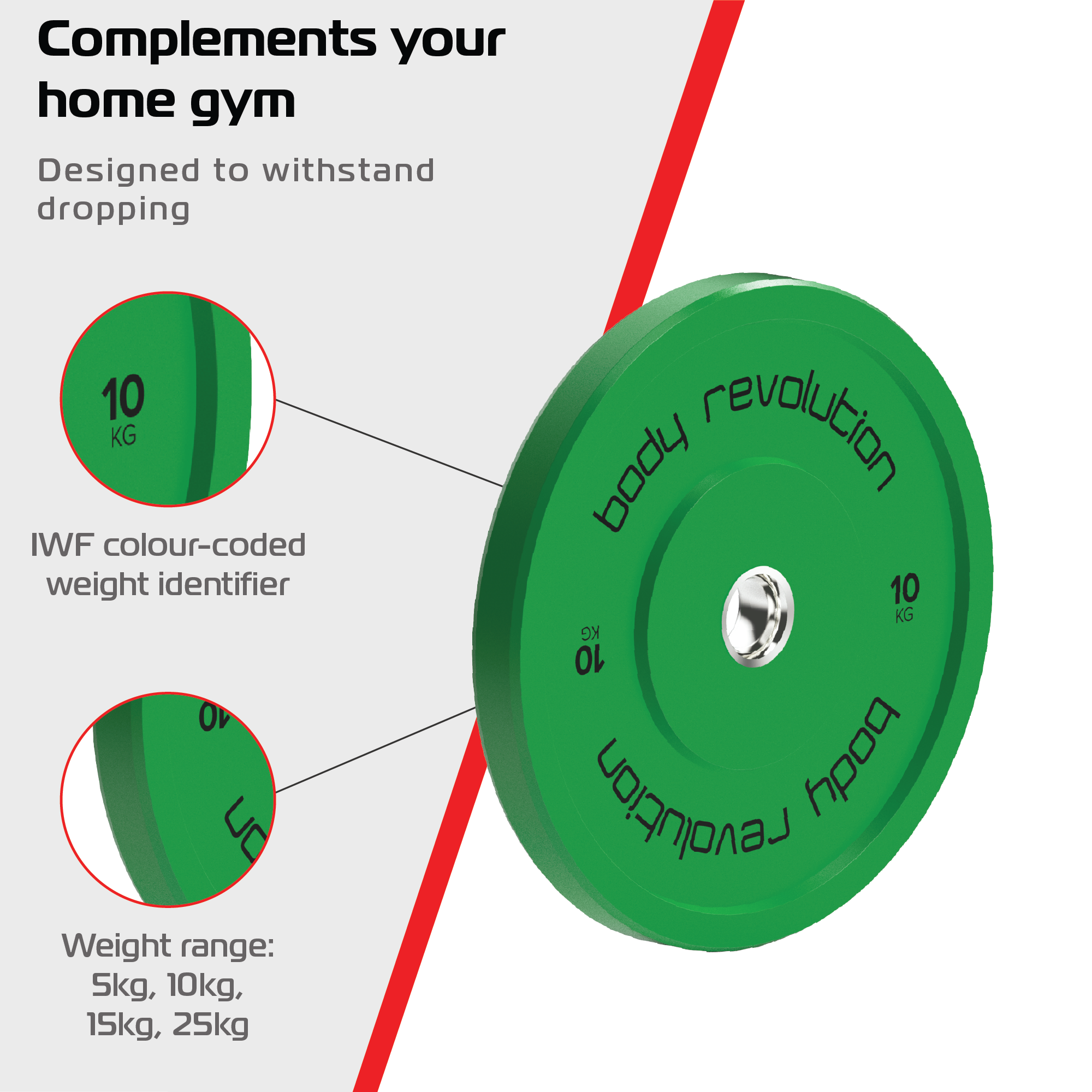 Disco de pesa verde de 10 kg con texto 'body revolution', codificado por color IWF.