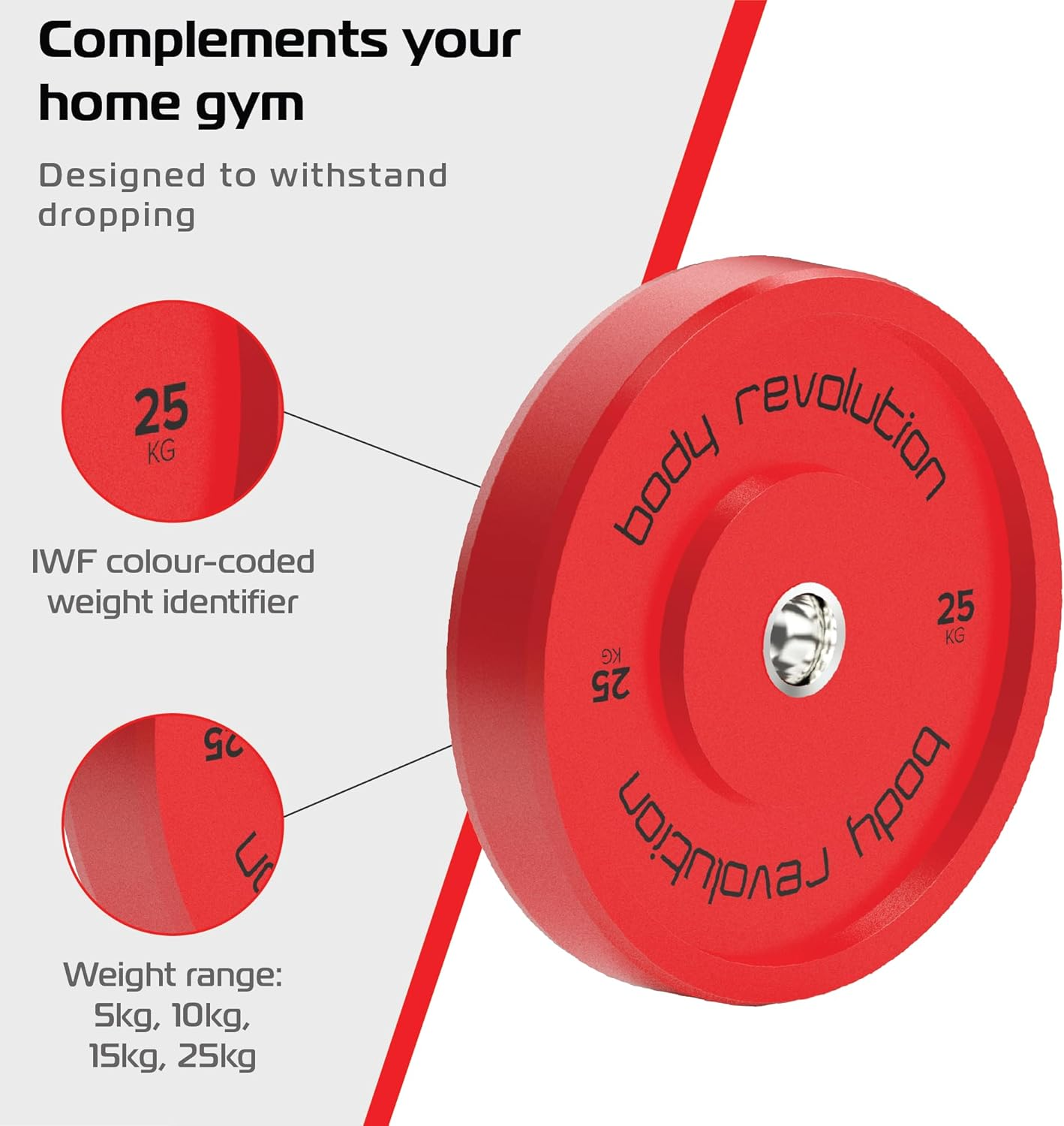 Disco de peso rojo de 25 kg con texto 'body revolution'. Complementa gimnasio.