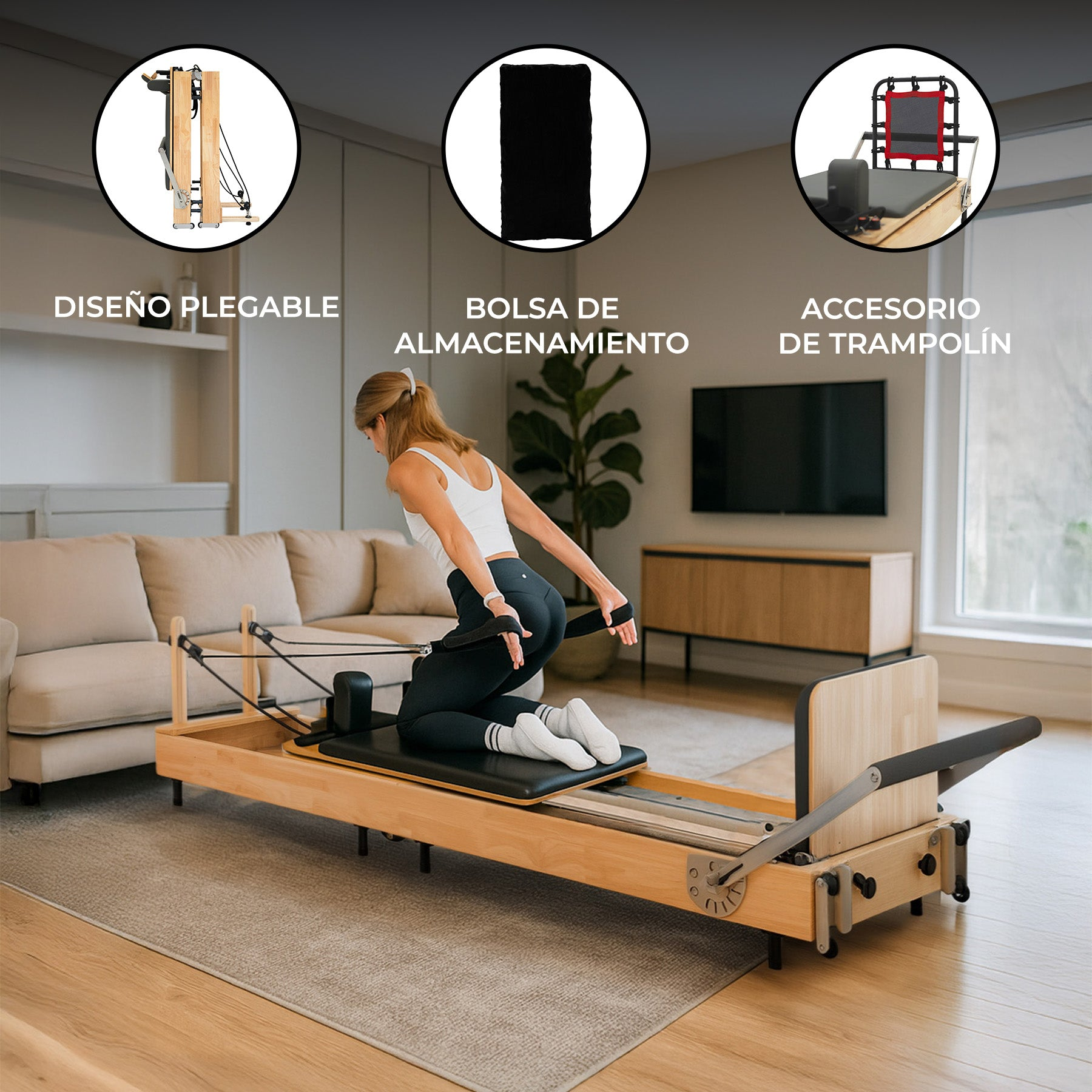 Una mujer se ejercita en un reformer de Pilates en una sala de estar moderna.