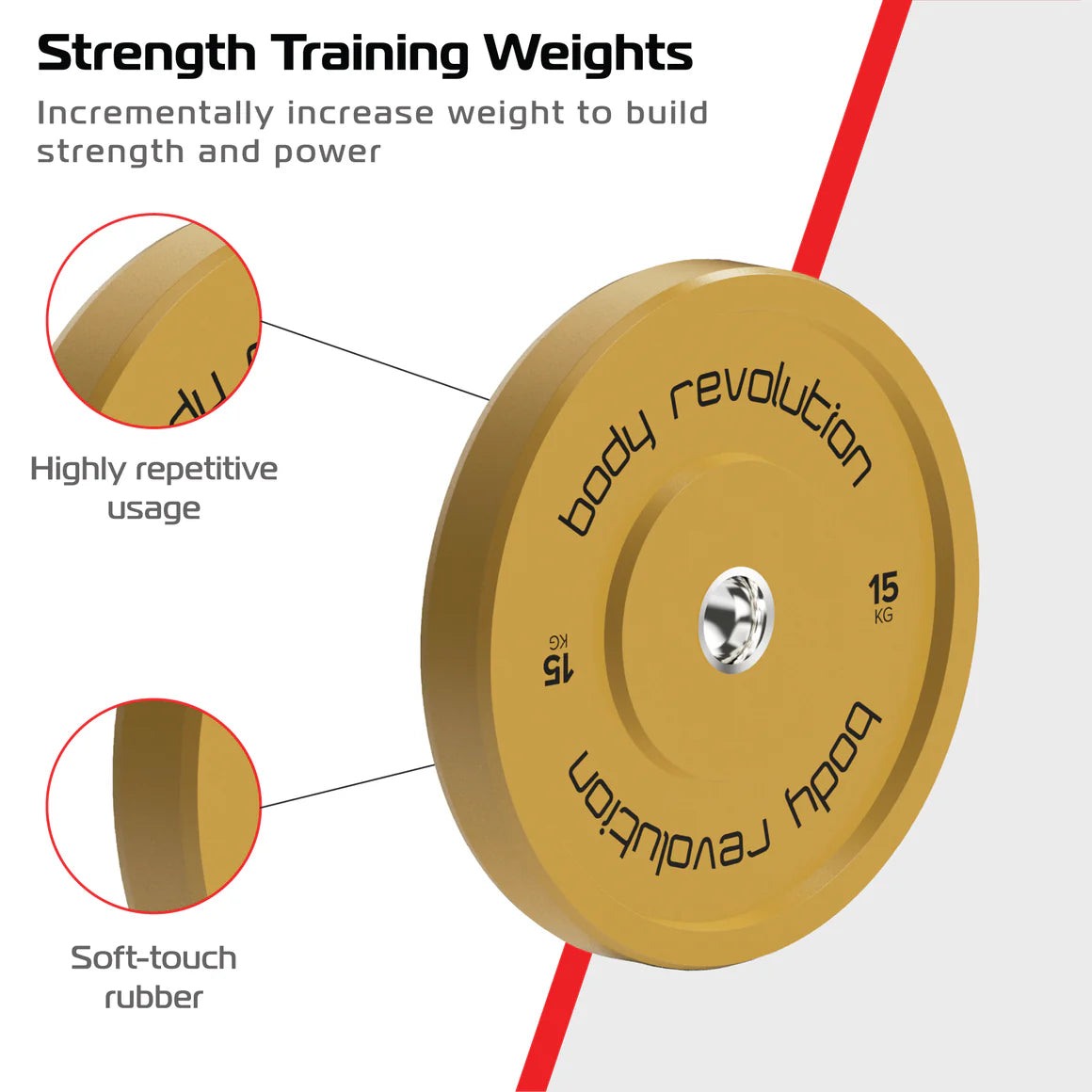 Un disco de pesa dorado de 15 kg con texto "body revolution".