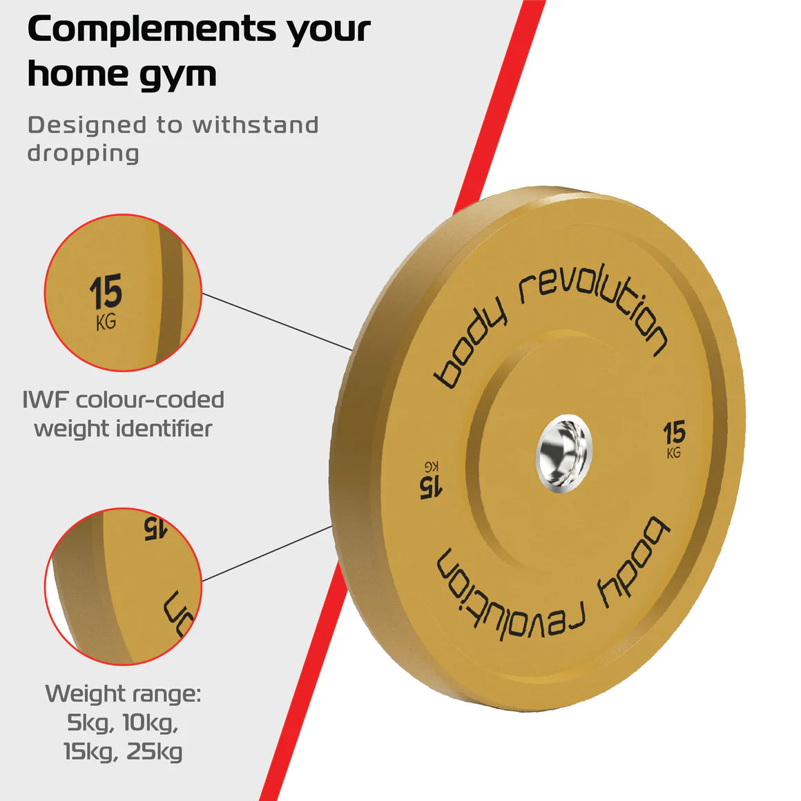 Un disco de pesas dorado de 15 kg con texto 'body revolution'. Primeros planos muestran peso y codificación por color.