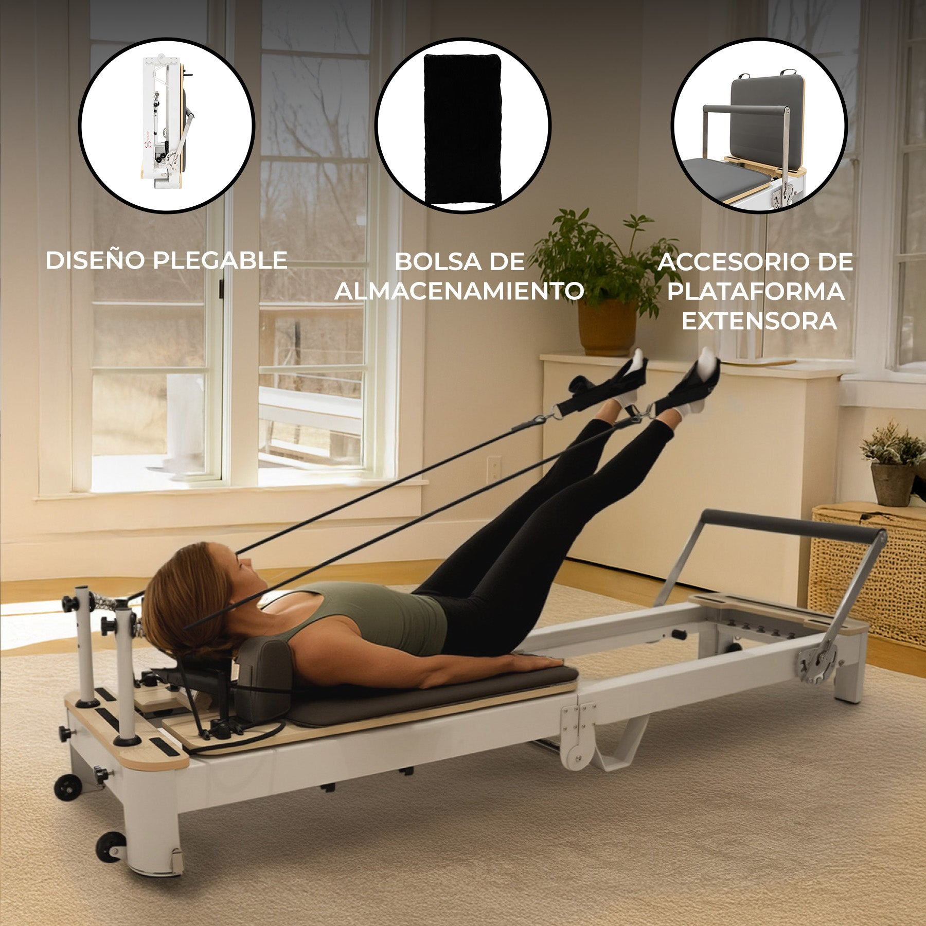Una mujer yace en un reformer de Pilates, haciendo ejercicio con cuerdas.