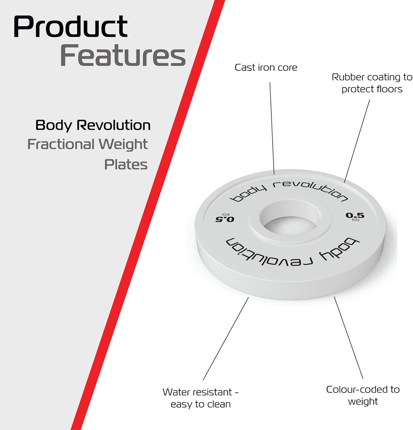 Placa de peso blanca Body Revolution de 0,5 kg con revestimiento de goma.
