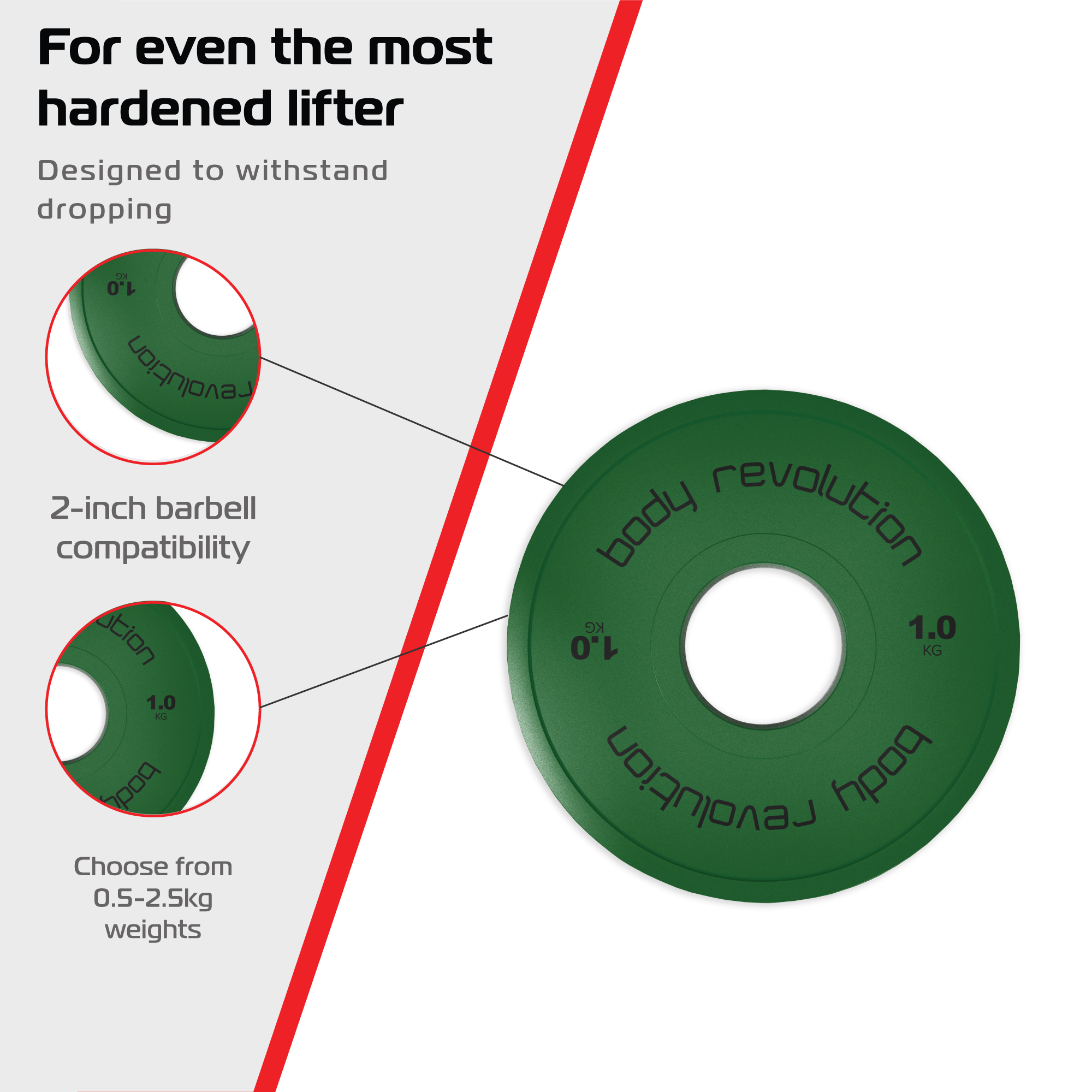 Disco de peso verde de 1,0 kg con texto 'body revolution', compatible con barra de 2 pulgadas.