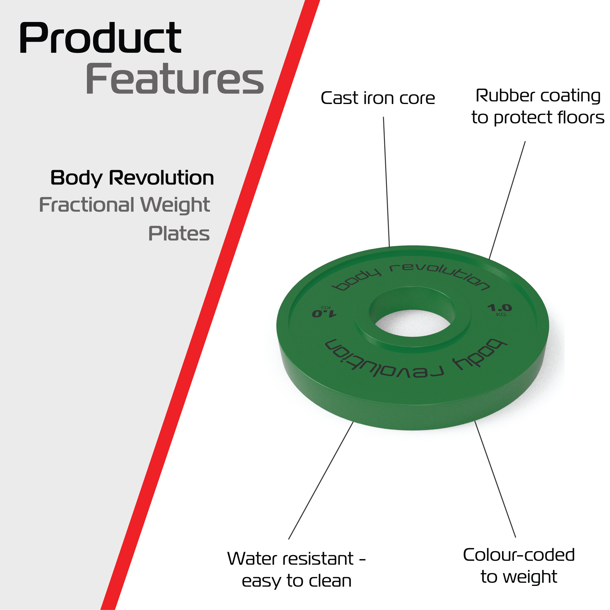 Placa verde de 1,0 kg de Body Revolution con texto.