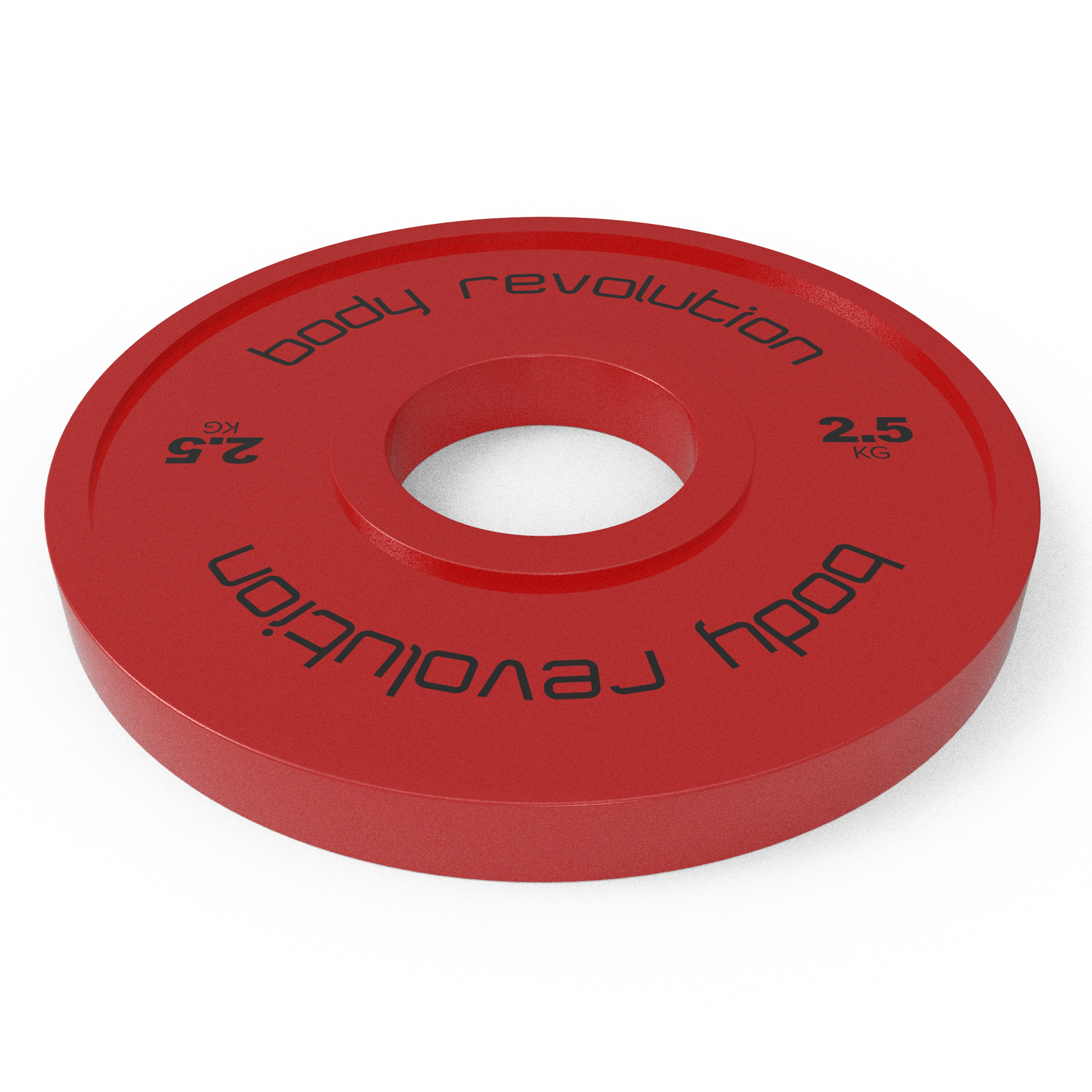 Un disco de pesas rojo de 2,5 kg con texto.
